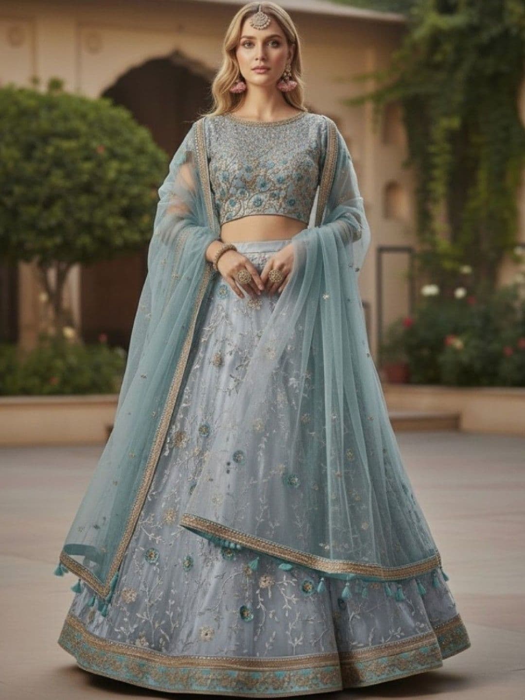SUTRAAYA Women Ready to Wear Bluish Grey Net Embroidered Lehenga Choli with Dupatta - view 1