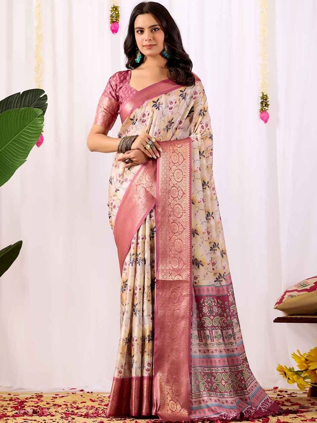 HERE&NOW Floral Pure Cotton Jamdani Saree - view 1