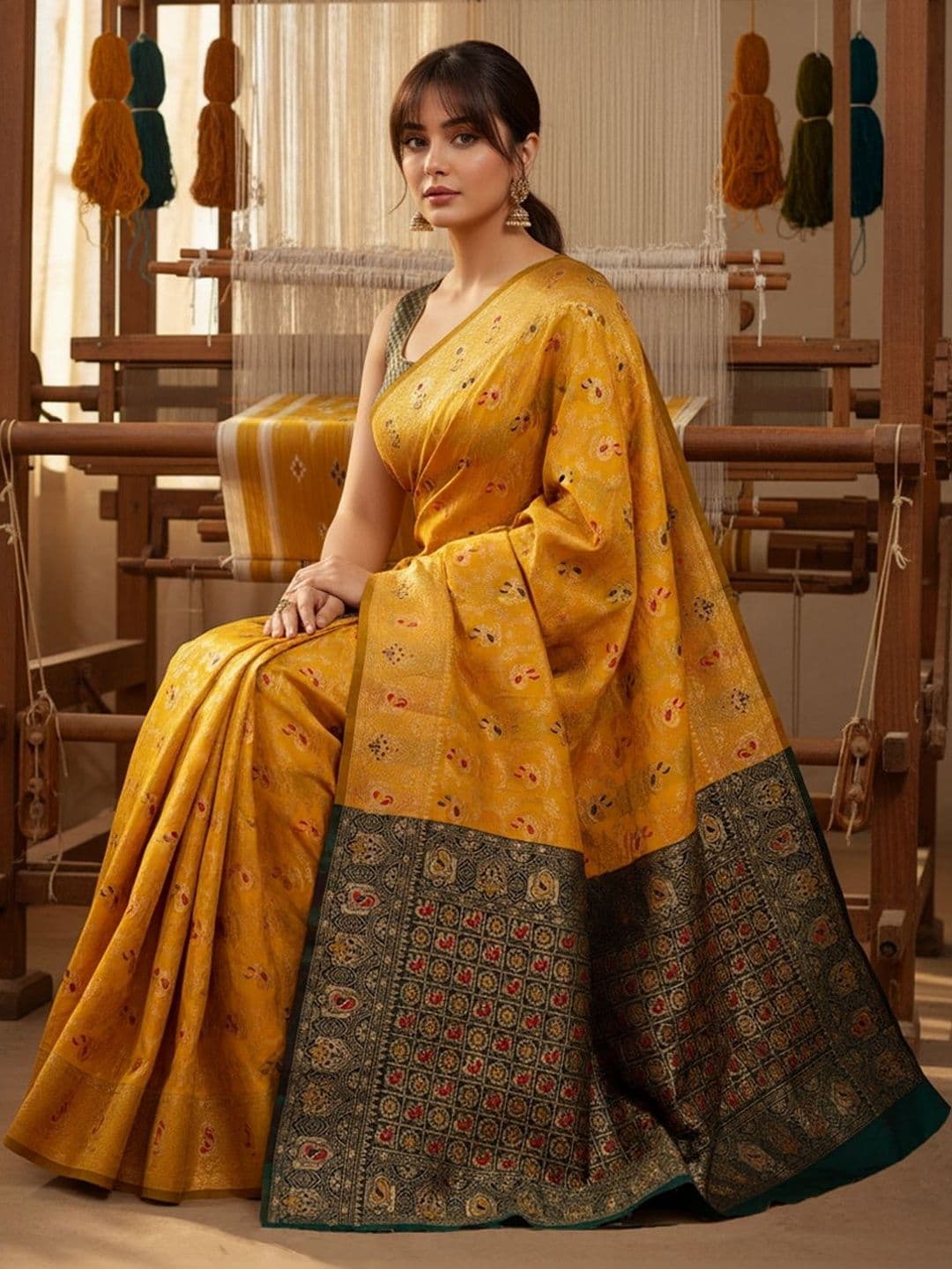 SZN Woven Design Zari Silk Blend Handloom Banarasi Saree thumbnail 3