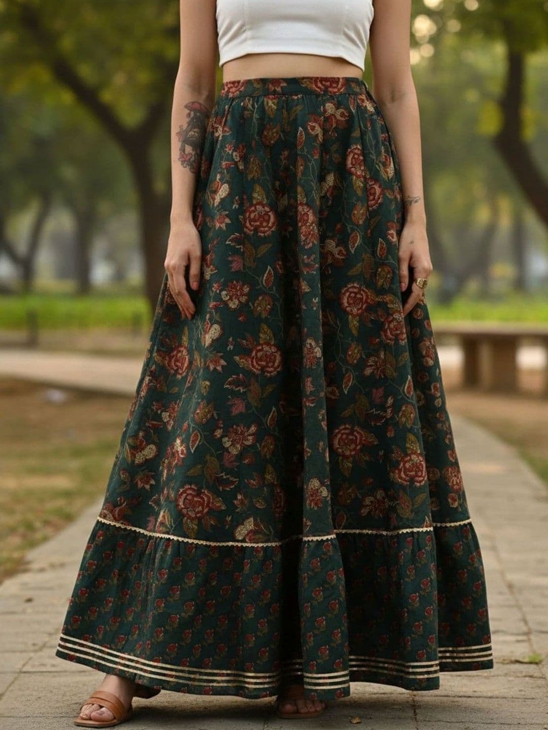 Sangria Women Cotton Cambric Floral Maxi Flared Skirt - view 1