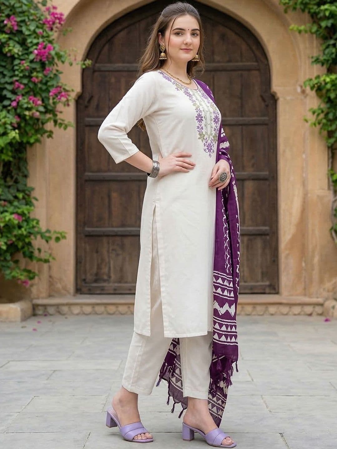Sangria Embroidered Pure Cotton Round Neck Kurta & Trousers With Dupatta thumbnail 5