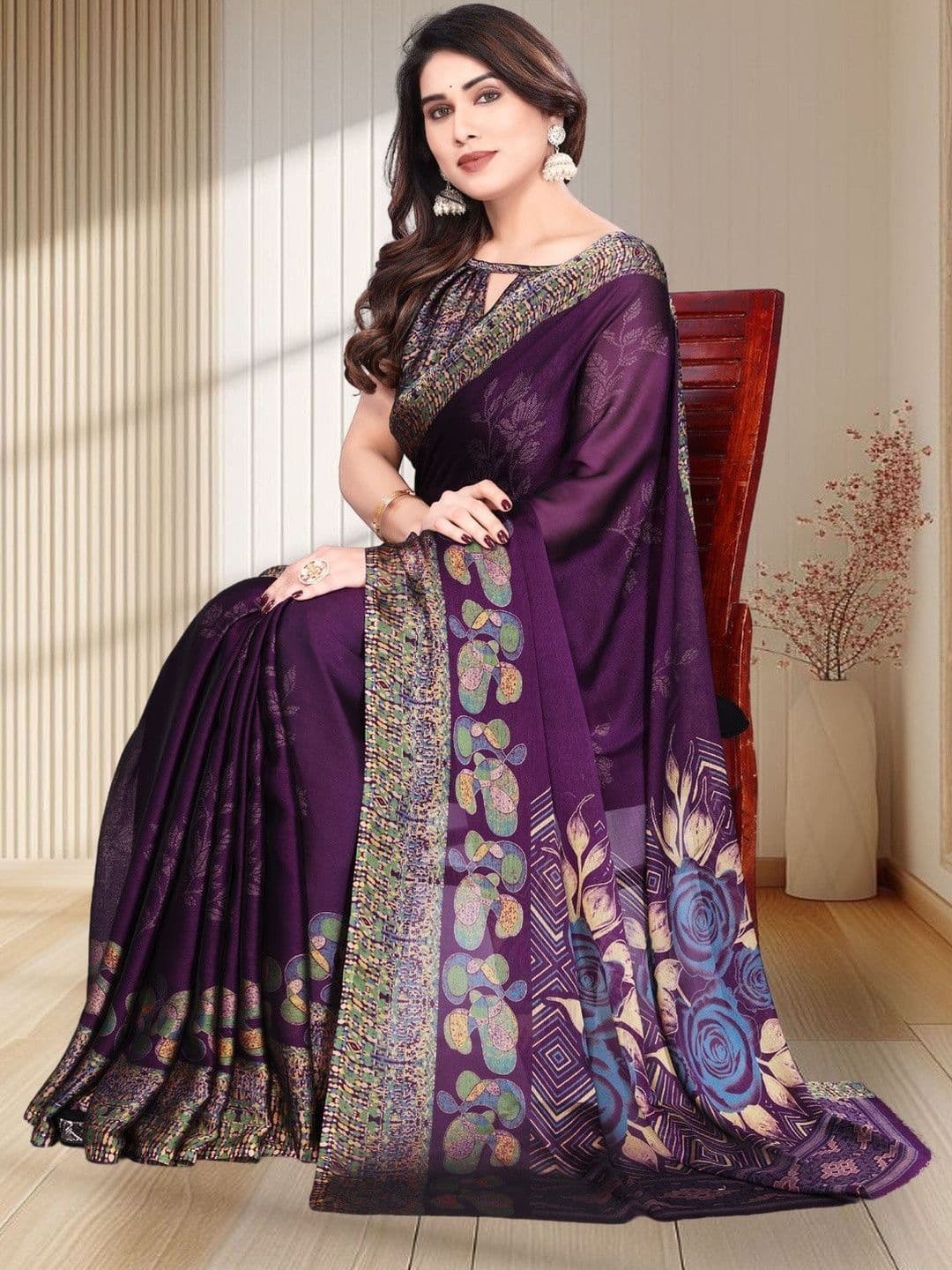 BilloRani Floral Pure Chiffon Saree - view 1