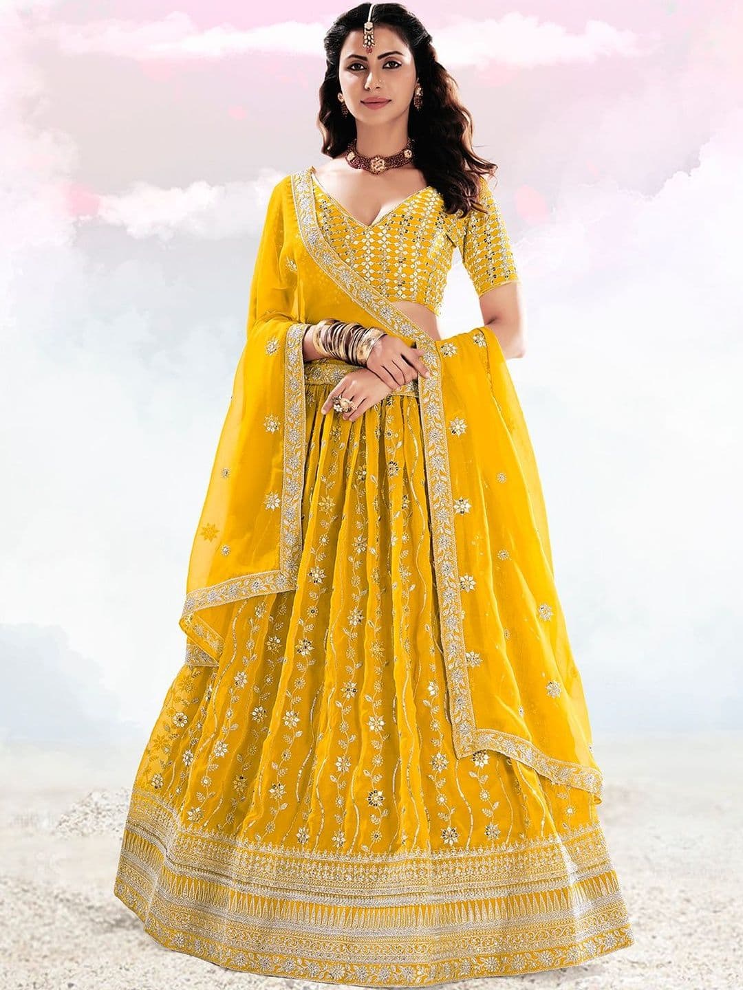 House of Pataudi Embroidered Flared Lehenga Choli  With Dupatta - view 1