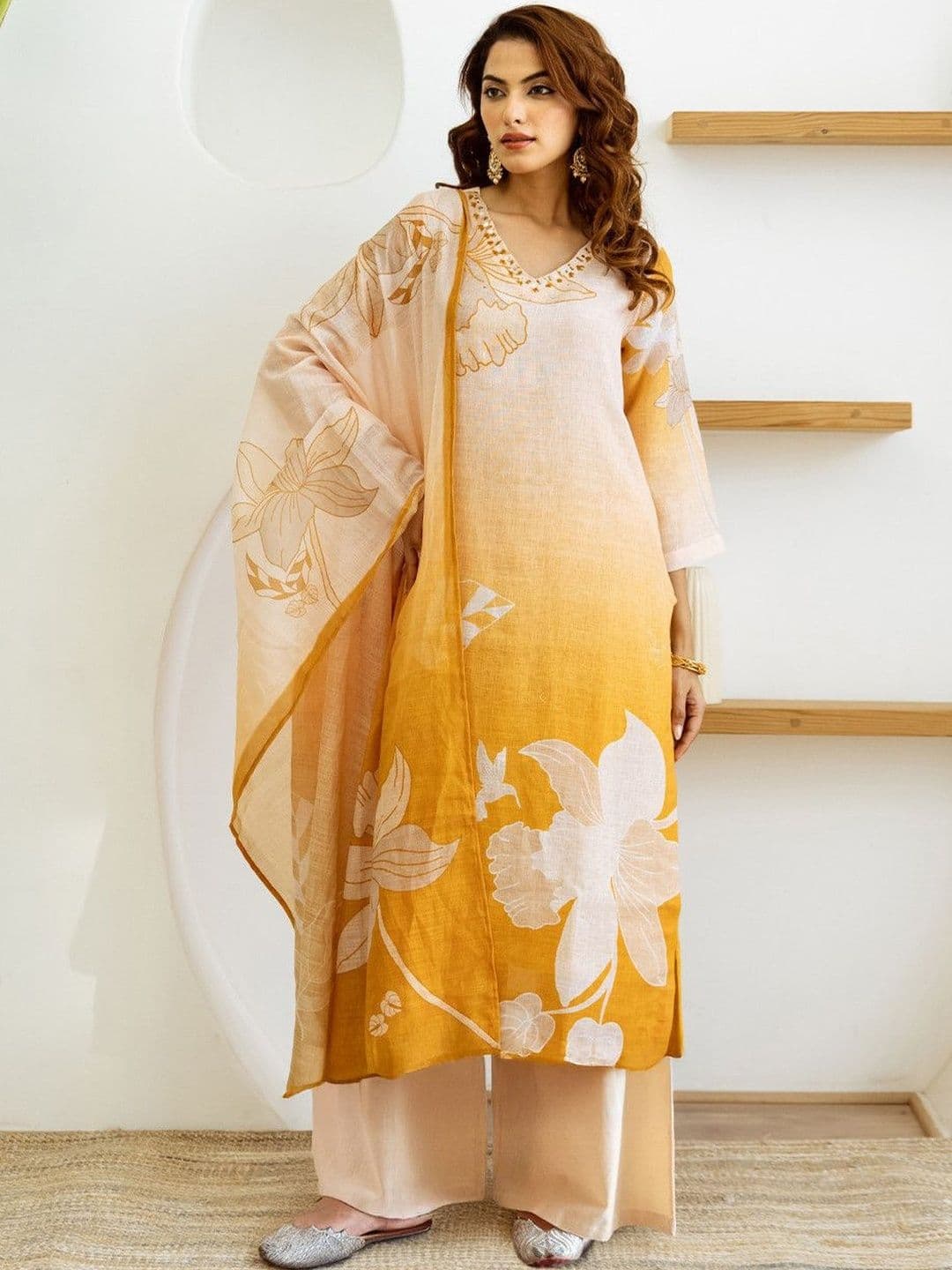 FILO HEVIS Floral Printed V-Neck Linen Kurta With Palazzo & Dupatta thumbnail 7