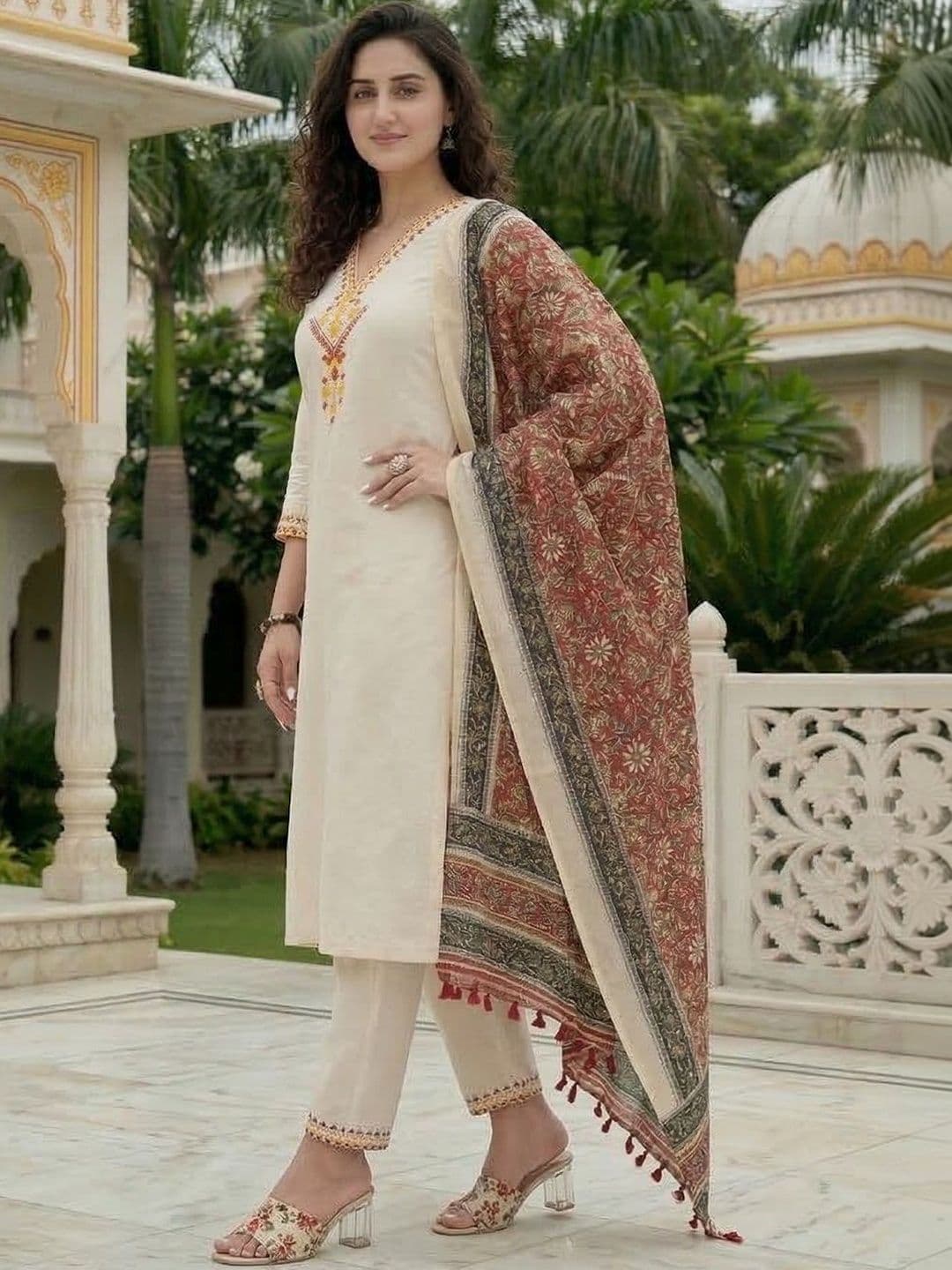 Sangria Embroidered Pure Cotton V-Neck Kurta & Trousers With Dupatta thumbnail 2