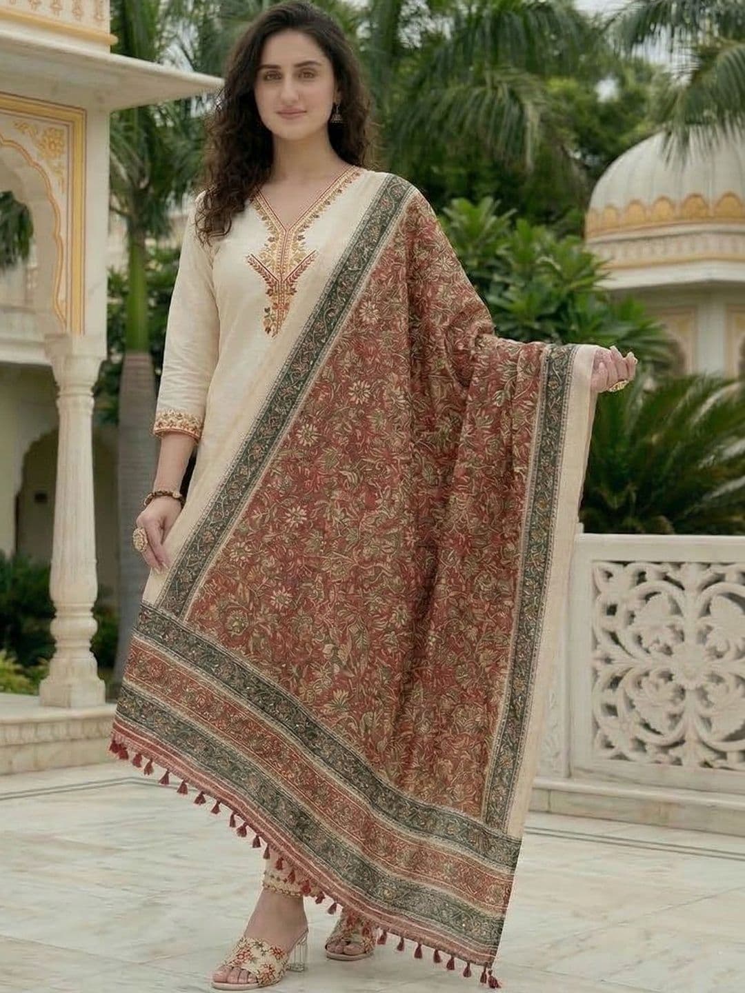 Sangria Embroidered Pure Cotton V-Neck Kurta & Trousers With Dupatta thumbnail 4