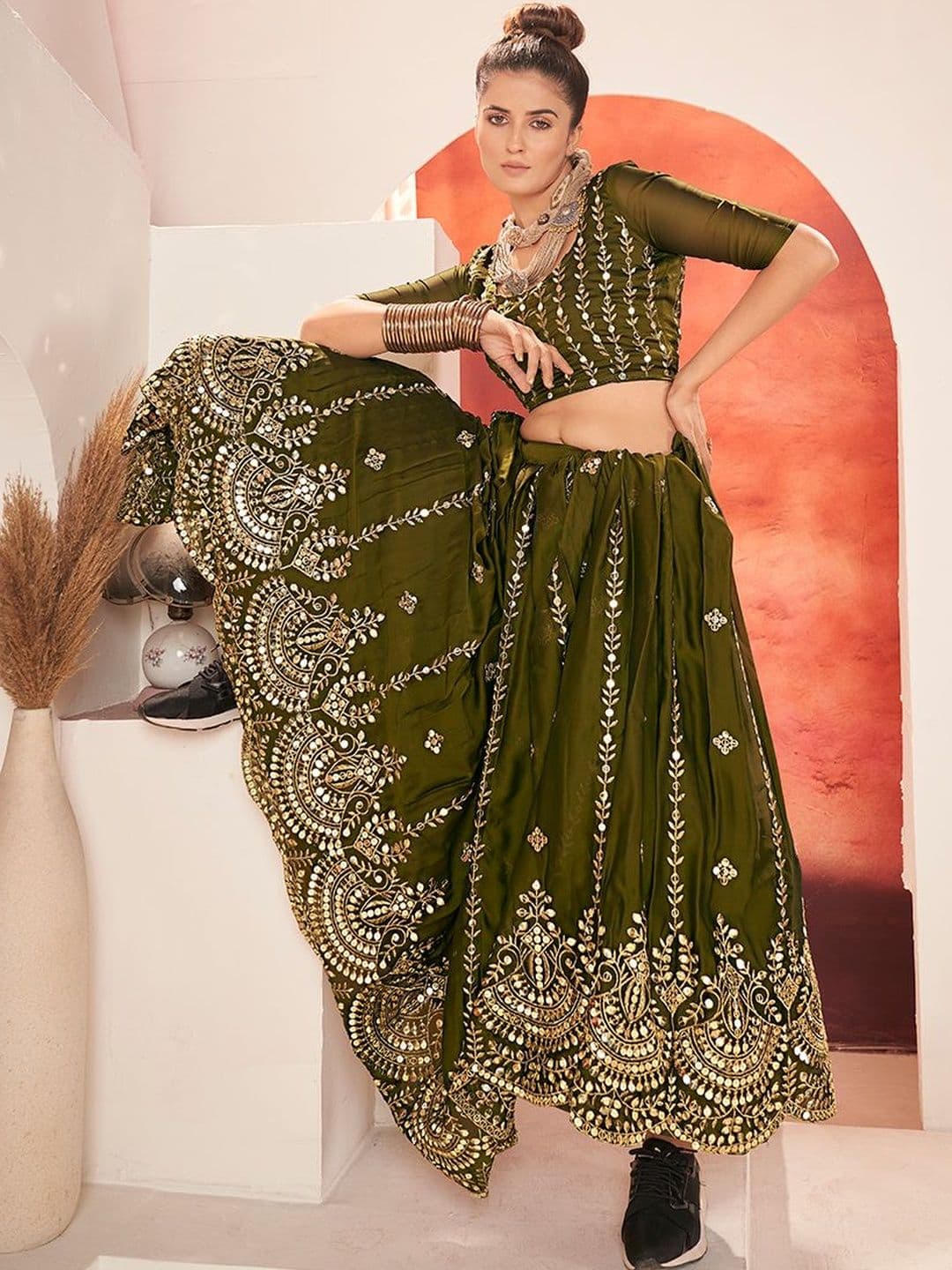 House of Pataudi Embroidered Flared Lehenga Choli  With Dupatta thumbnail 6