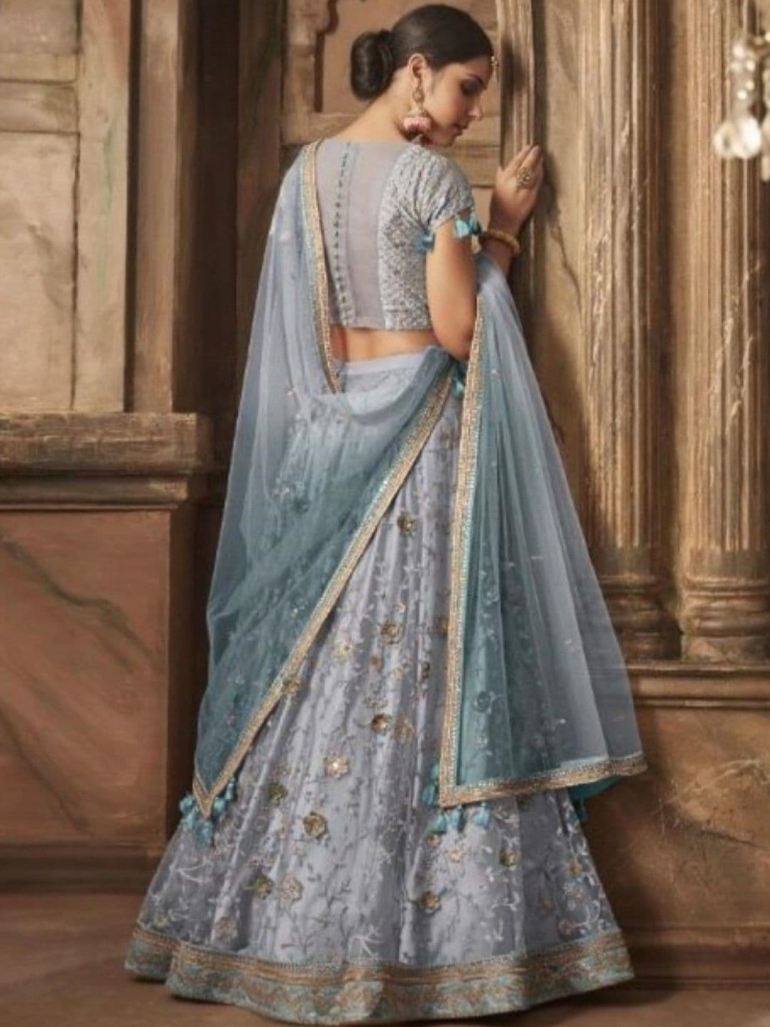 SUTRAAYA Women Ready to Wear Bluish Grey Net Embroidered Lehenga Choli with Dupatta thumbnail 2