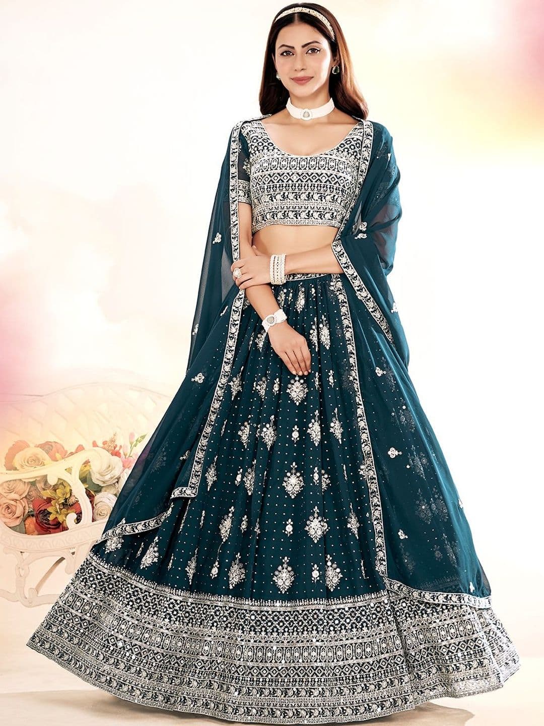 House of Pataudi Embroidered Flared Lehenga Choli  With Dupatta - view 1