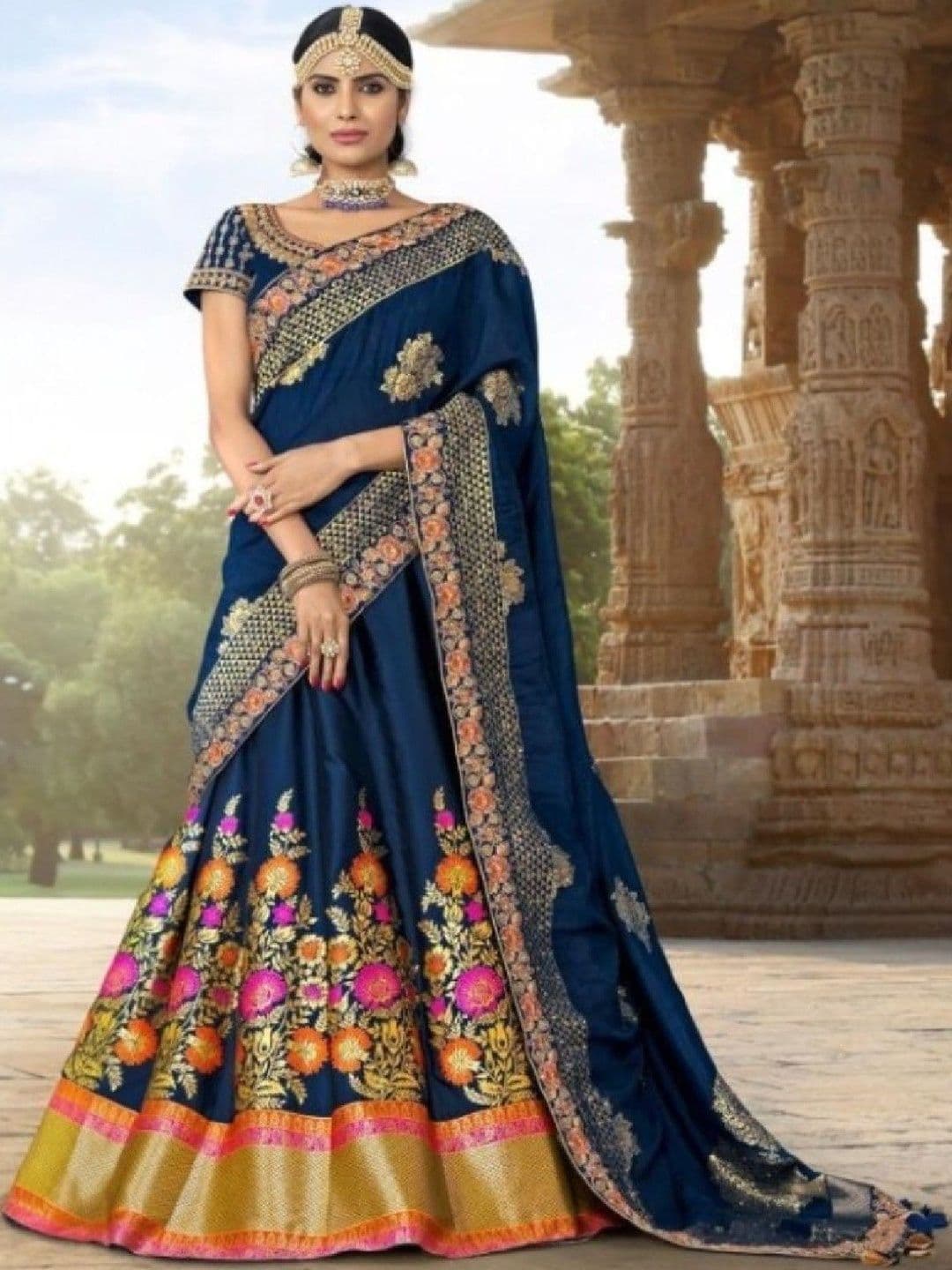 SUTRAAYA Women Ready to Wear Navy Blue Banarasi Jacquard Lehenga Choli with Dupatta - view 1