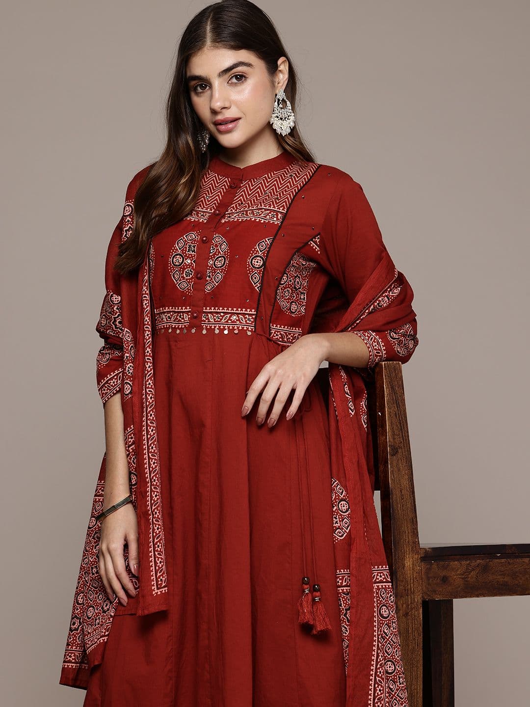 Cayman Women Printed Mirror Work Pure Cotton Kurta with Trousers & Dupatta - view 1