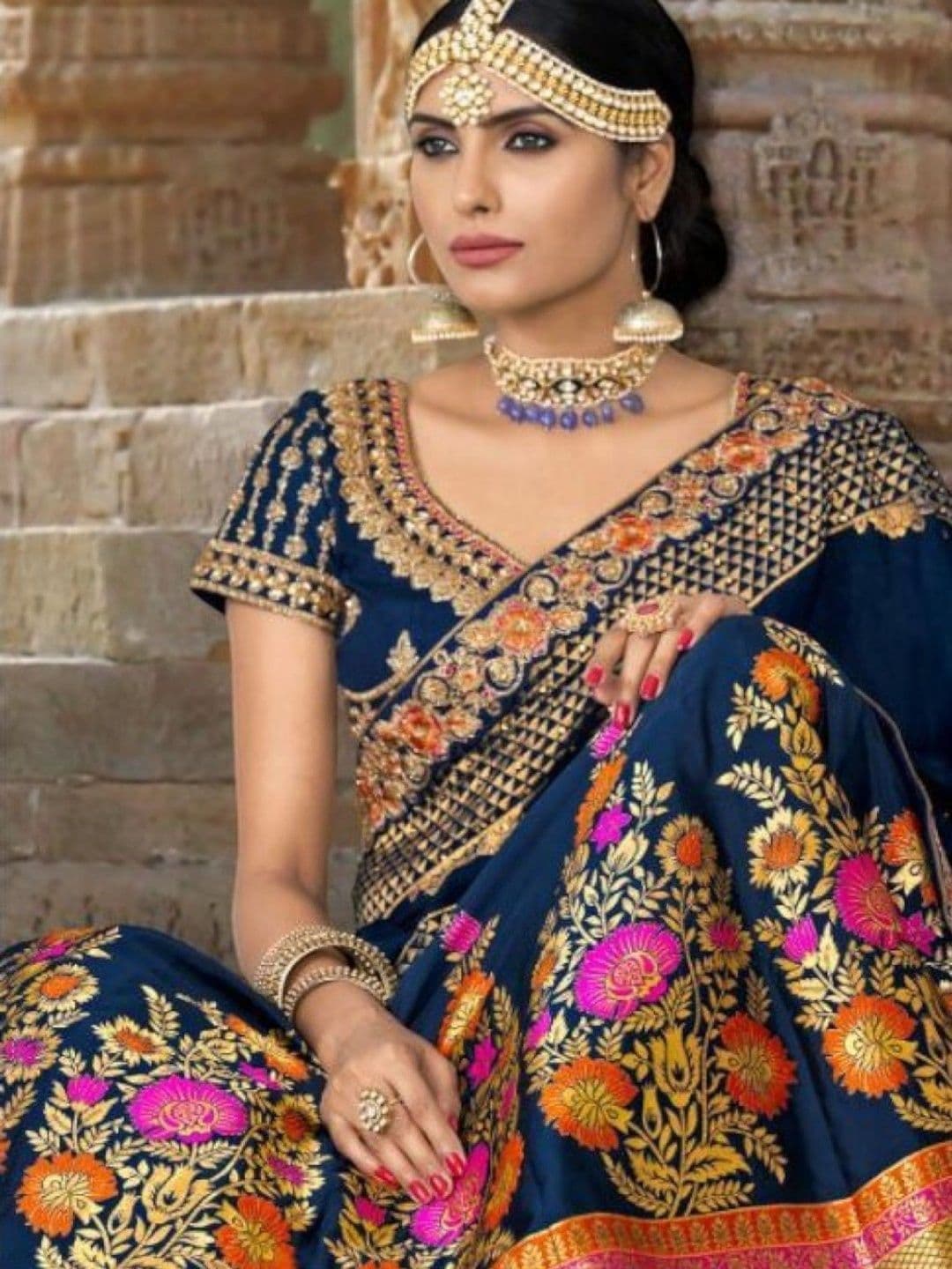 SUTRAAYA Women Ready to Wear Navy Blue Banarasi Jacquard Lehenga Choli with Dupatta thumbnail 2