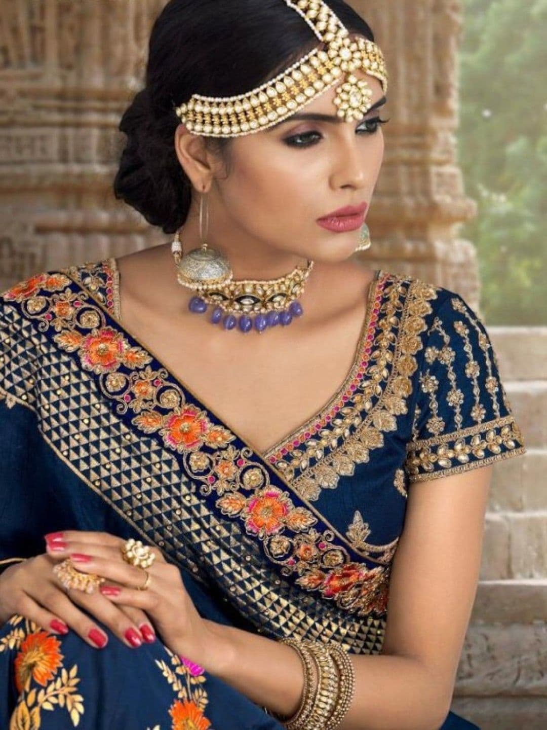 SUTRAAYA Women Ready to Wear Navy Blue Banarasi Jacquard Lehenga Choli with Dupatta thumbnail 5
