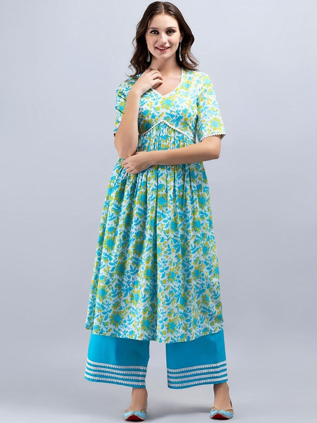 SAK JAIPUR Floral Printed Empire Pure Cotton Kurta with Palazzos thumbnail 5