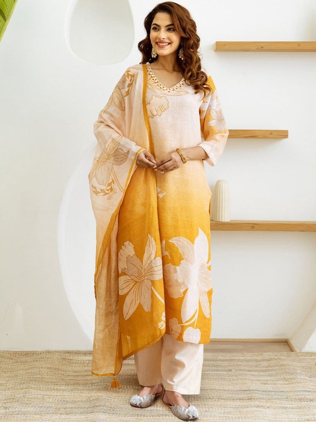 FILO HEVIS Floral Printed V-Neck Linen Kurta With Palazzo & Dupatta - view 1