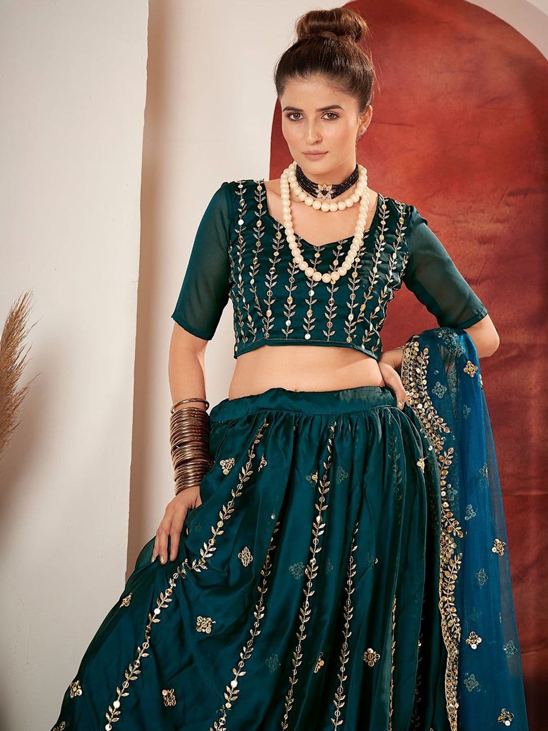 House of Pataudi Embroidered Flared Lehenga Choli  With Dupatta thumbnail 3
