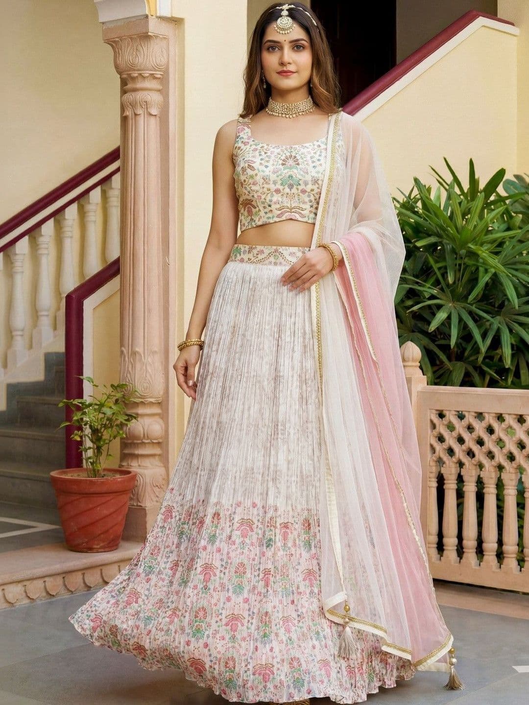 ETHNIC PLUS White Embroidered Thread Work Ready to Wear Georgette Lehenga & Blouse With Dupatta - view 1