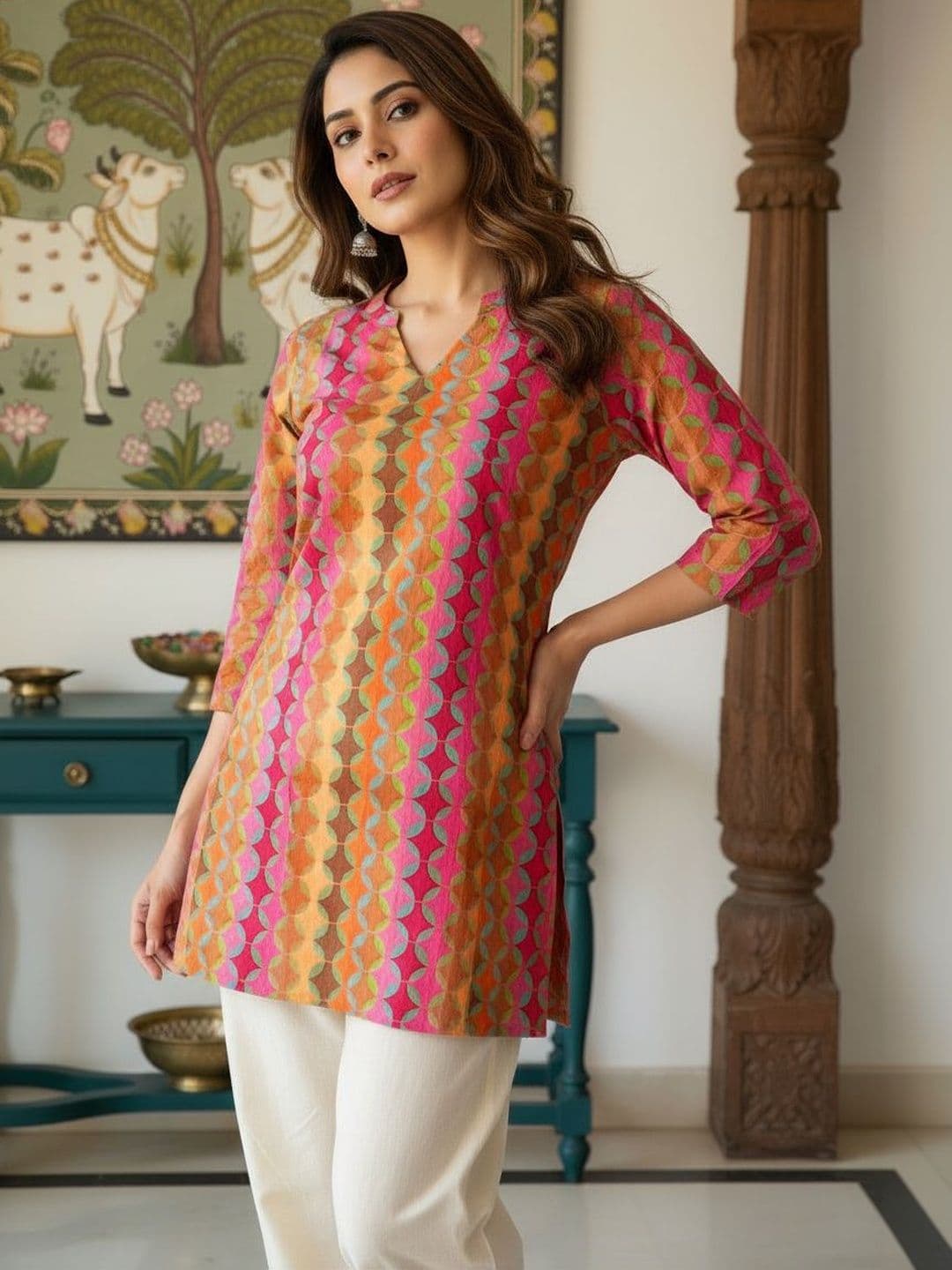 Anouk Geometric Printed V-Neck Pure Cotton Blend Kurti thumbnail 3
