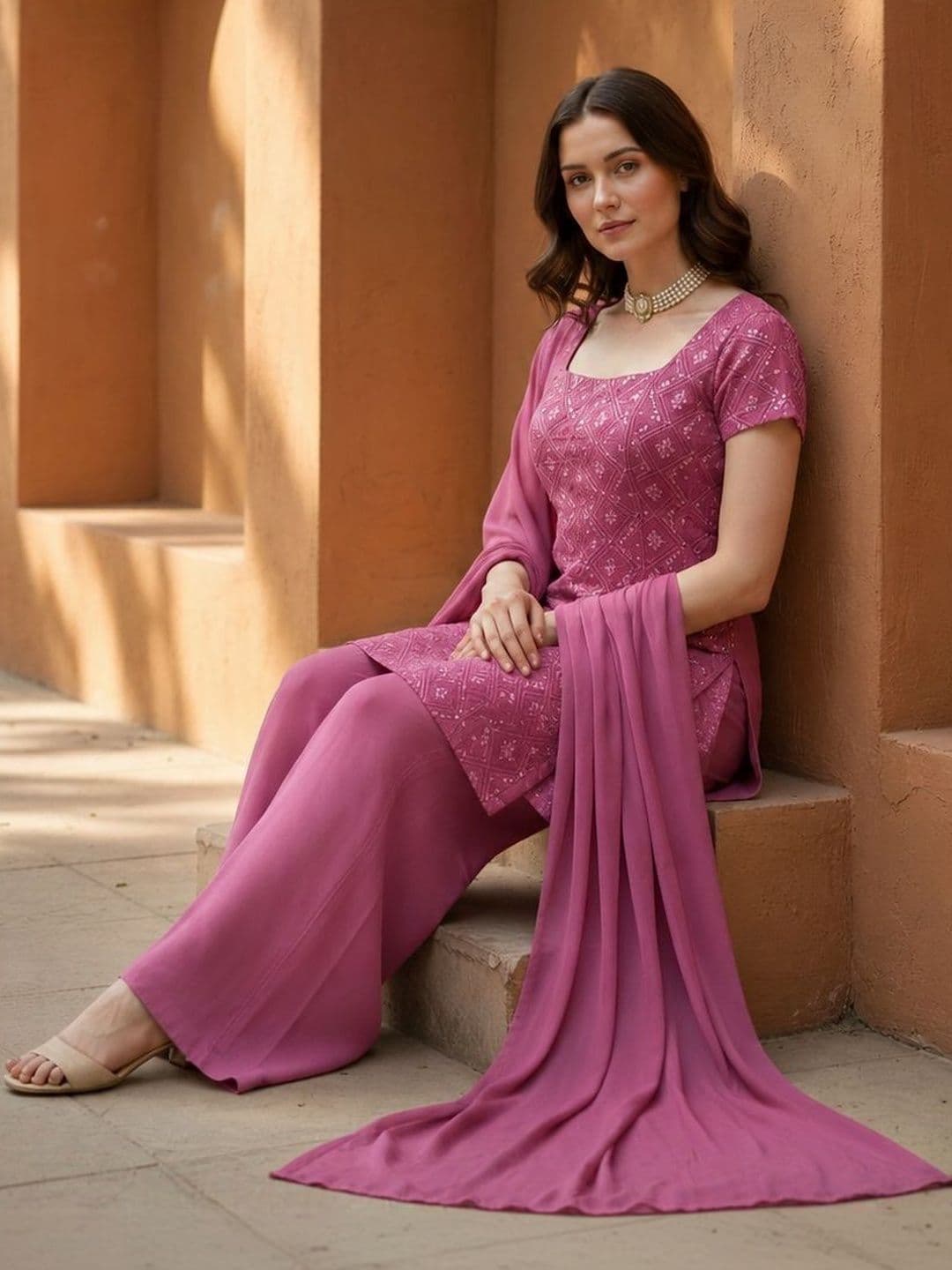 Brand Hill Women Ethnic Motifs Embroidered Regular Thread Work Kurta with Palazzos & With Dupatta thumbnail 5