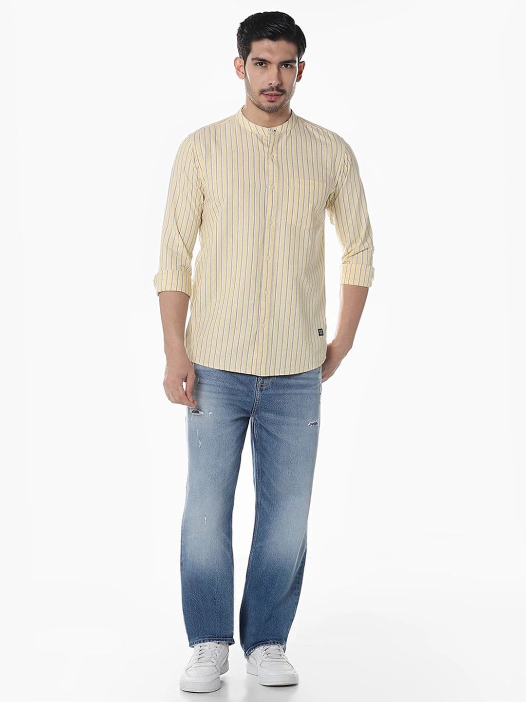 Klub Fox Men Slim Fit Vertical Striped Band Collar Cotton Casual Shirt thumbnail 7