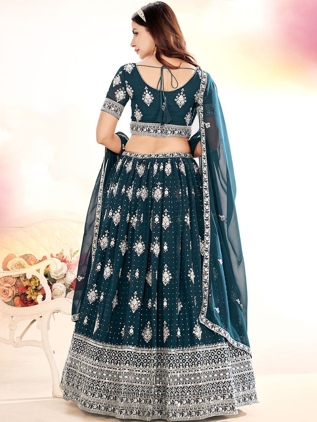 House of Pataudi Embroidered Flared Lehenga Choli  With Dupatta thumbnail 4