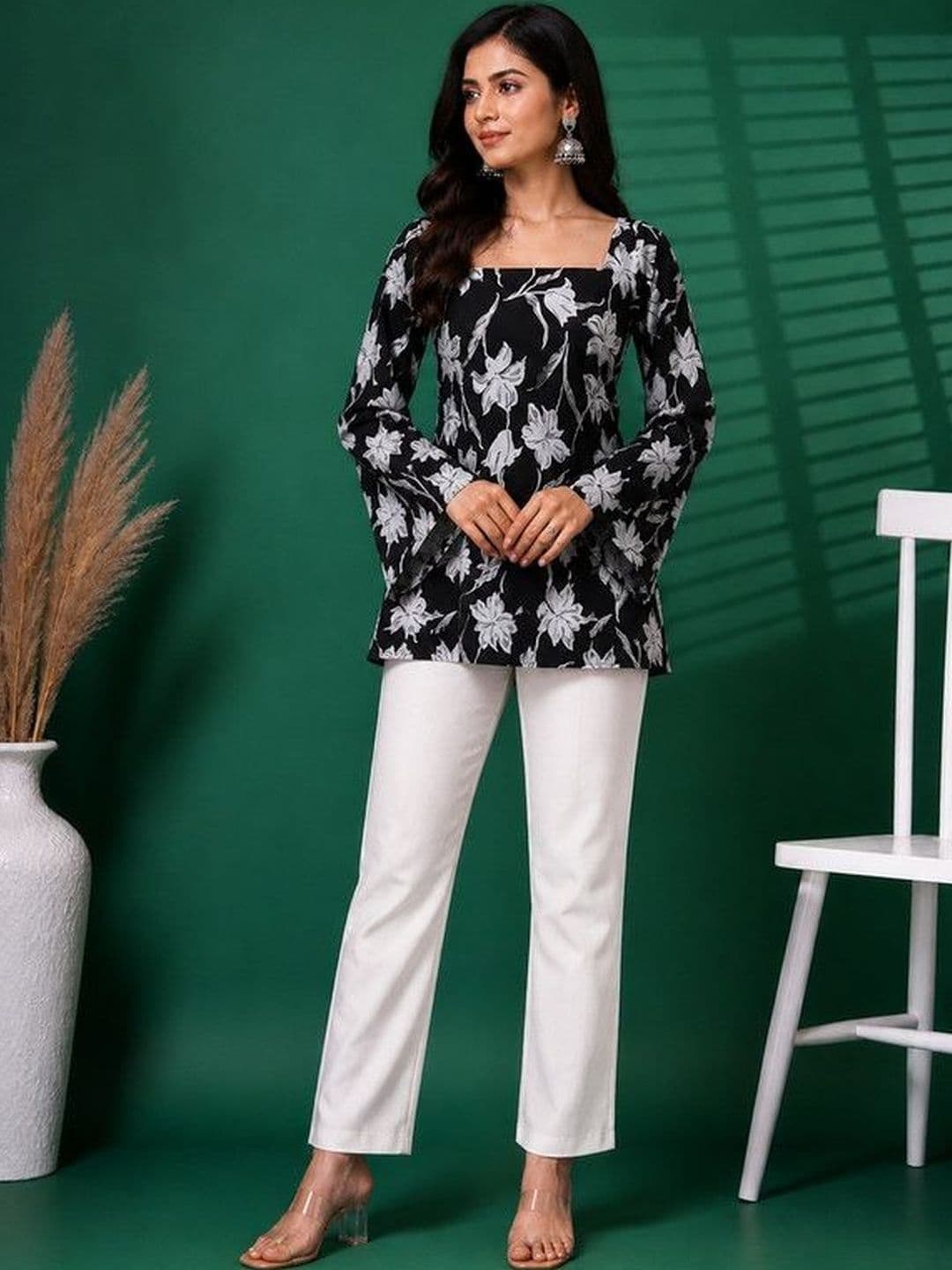 ALENJAN Floral Printed Square Neck Flared Sleeves Kurti - view 1