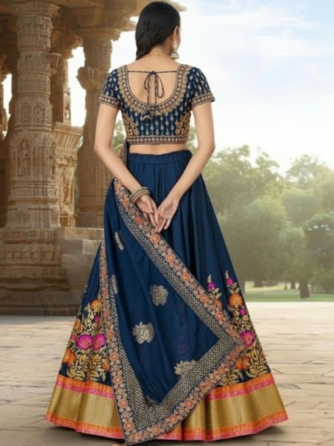SUTRAAYA Women Ready to Wear Navy Blue Banarasi Jacquard Lehenga Choli with Dupatta thumbnail 4