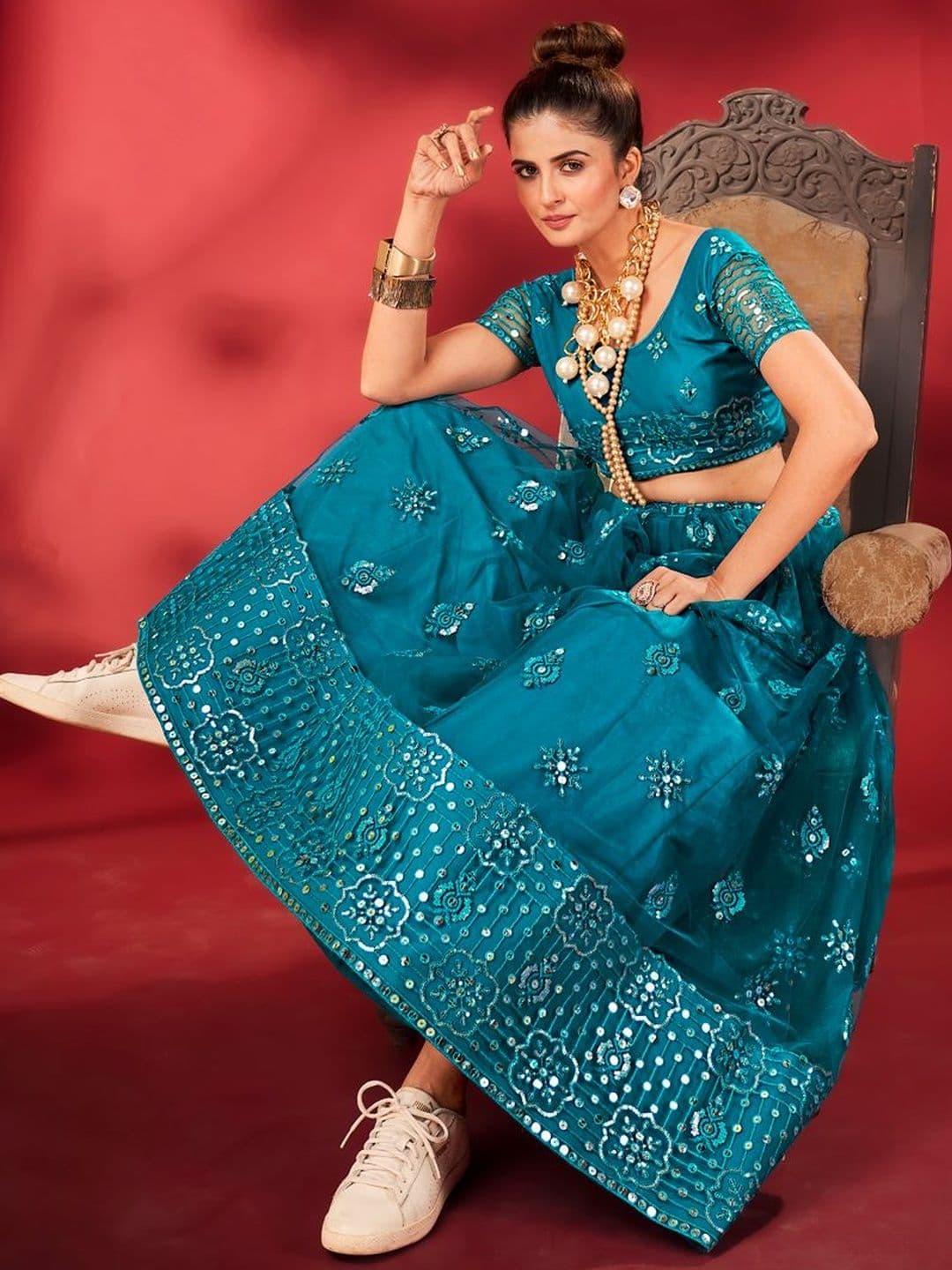 House of Pataudi Embroidered Flared Lehenga Choli  With Dupatta thumbnail 5