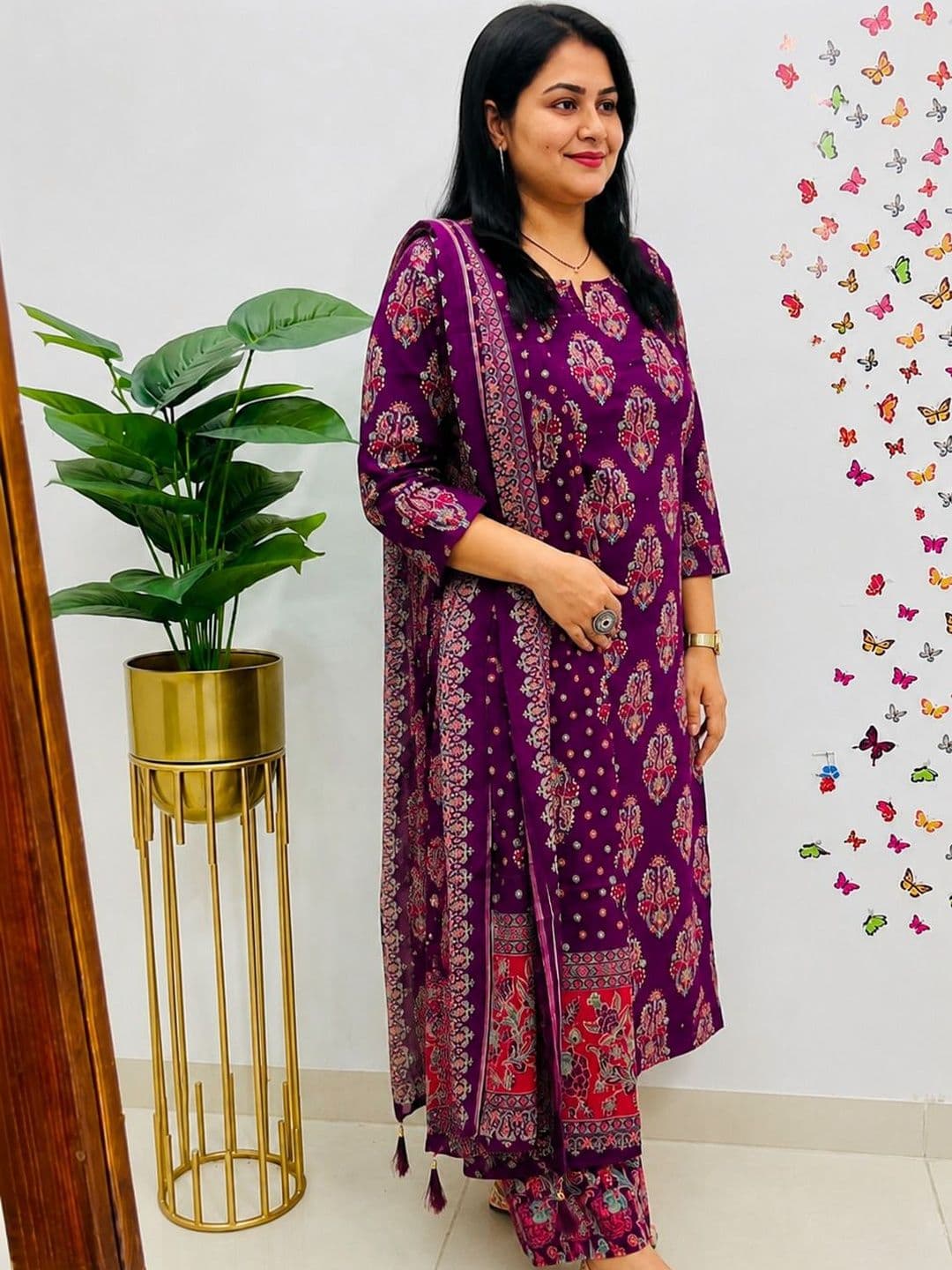 Sangria Printed Pure Cotton Round Neck Kurta & Trousers With Dupatta thumbnail 4