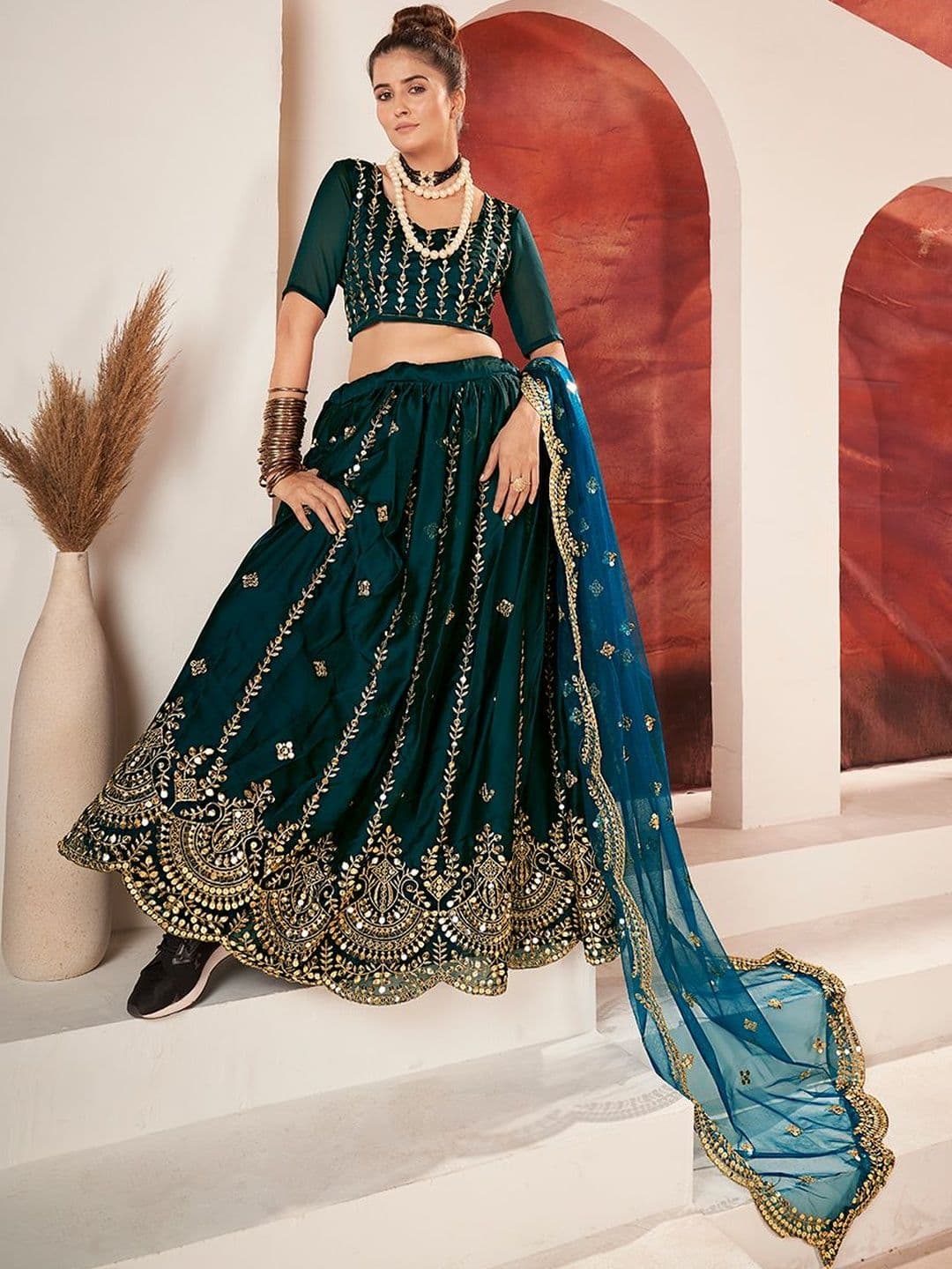 House of Pataudi Embroidered Flared Lehenga Choli  With Dupatta thumbnail 5