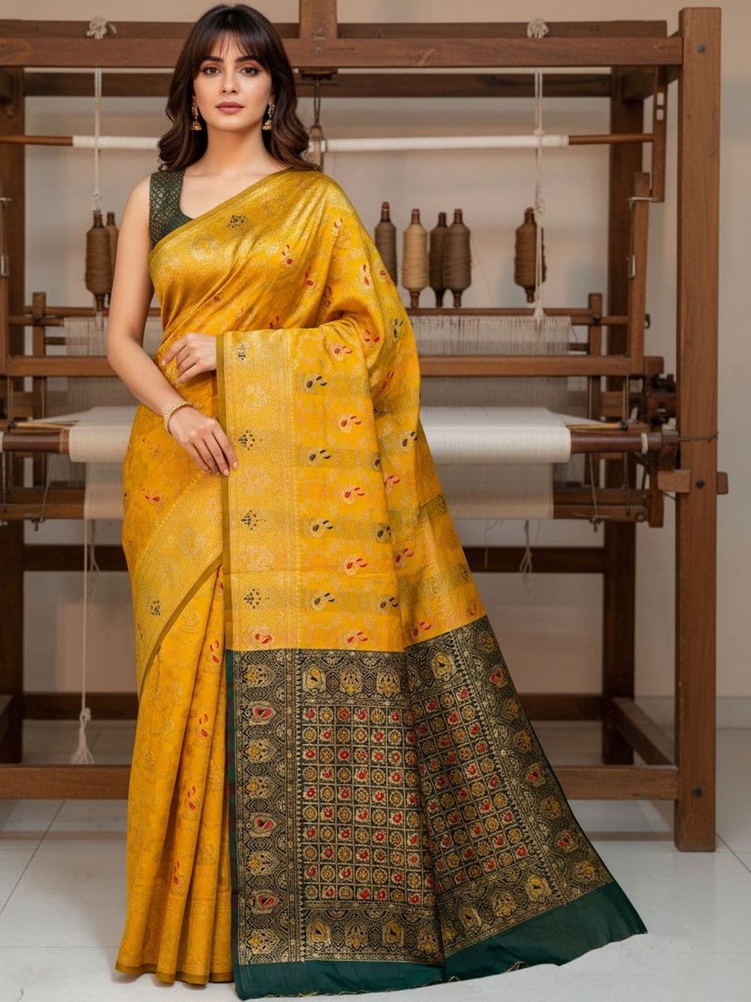 SZN Woven Design Zari Silk Blend Handloom Banarasi Saree thumbnail 5
