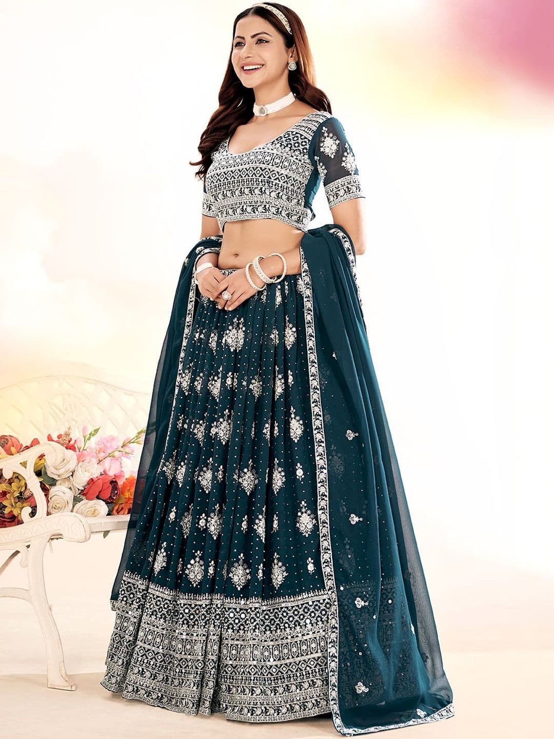 House of Pataudi Embroidered Flared Lehenga Choli  With Dupatta thumbnail 2