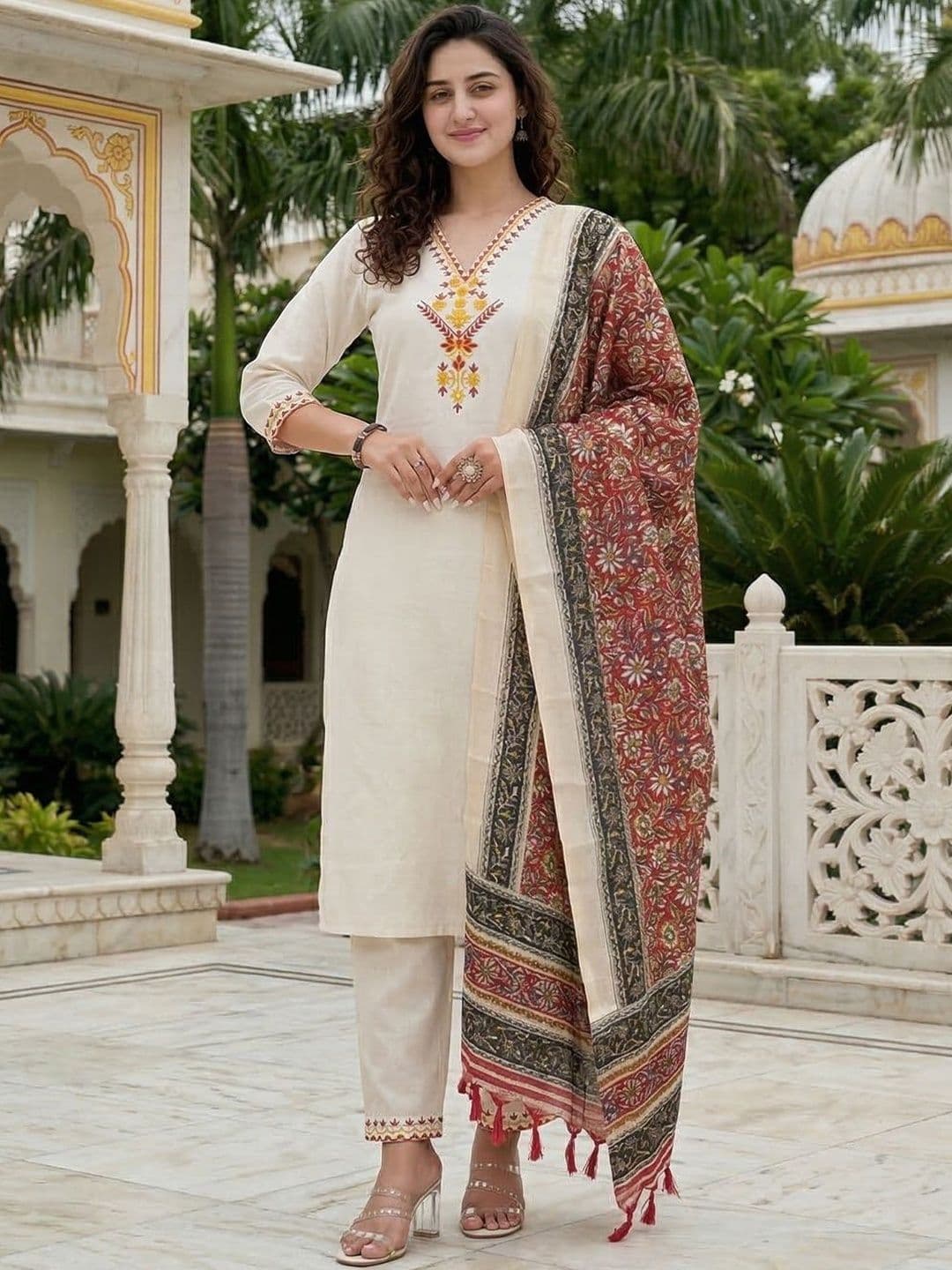 Sangria Embroidered Pure Cotton V-Neck Kurta & Trousers With Dupatta - view 1