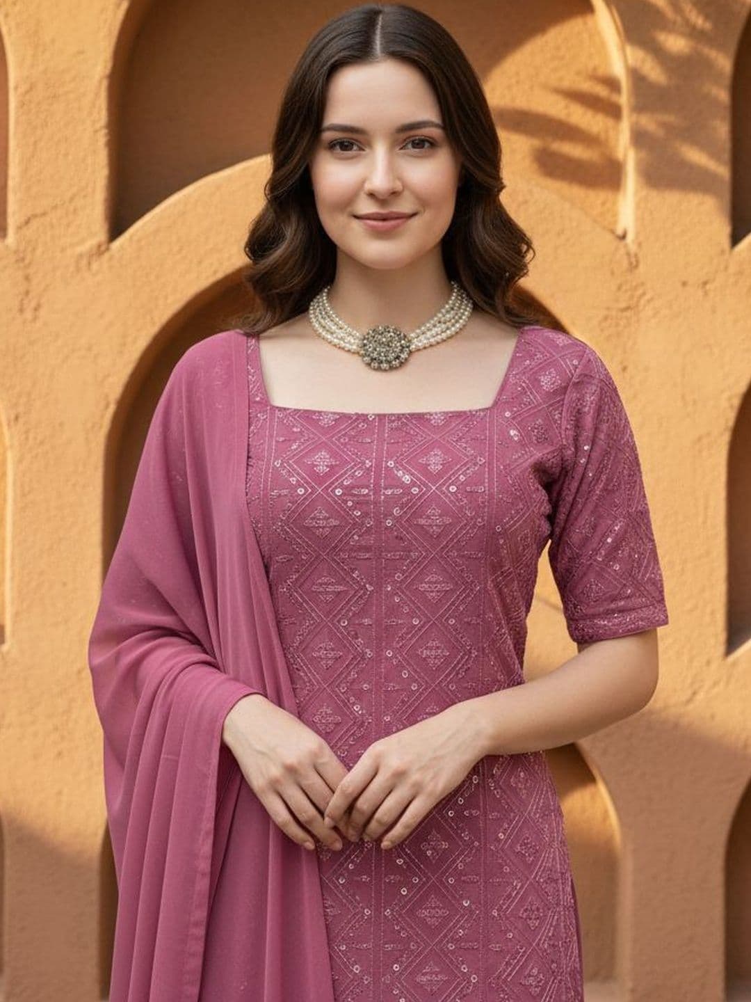 Brand Hill Women Ethnic Motifs Embroidered Regular Thread Work Kurta with Palazzos & With Dupatta thumbnail 4