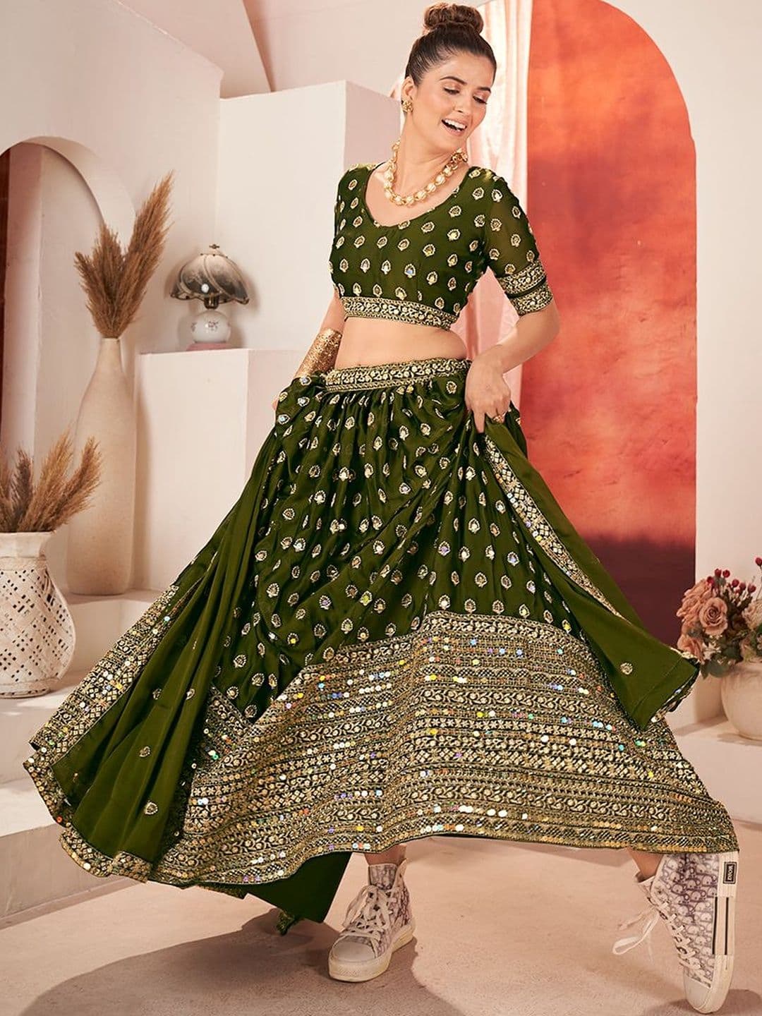 House of Pataudi Embroidered Flared Lehenga Choli  With Dupatta thumbnail 4