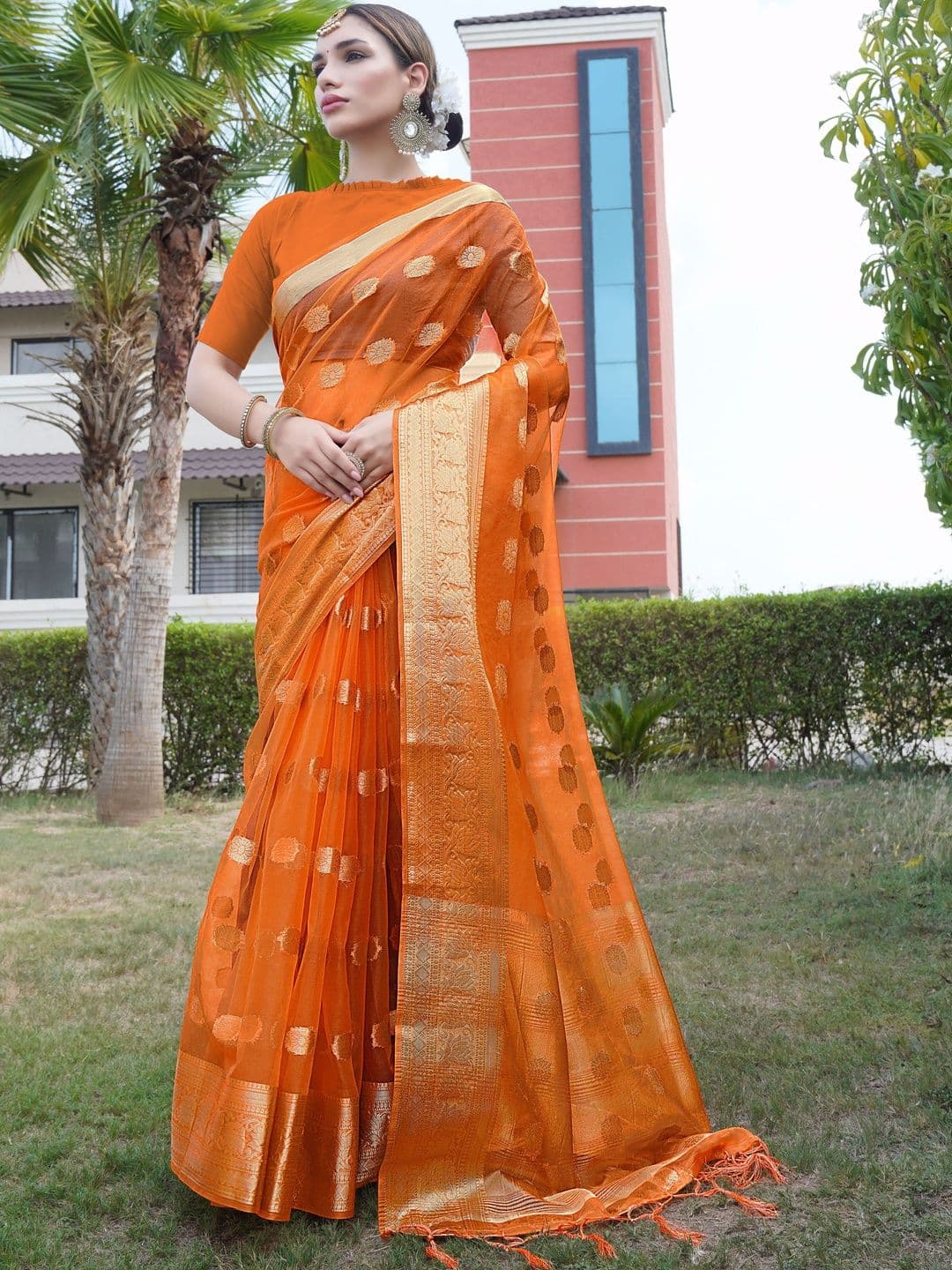 KOTHARI SBT Floral Woven Design Zari Organza Bandhani Saree - view 1