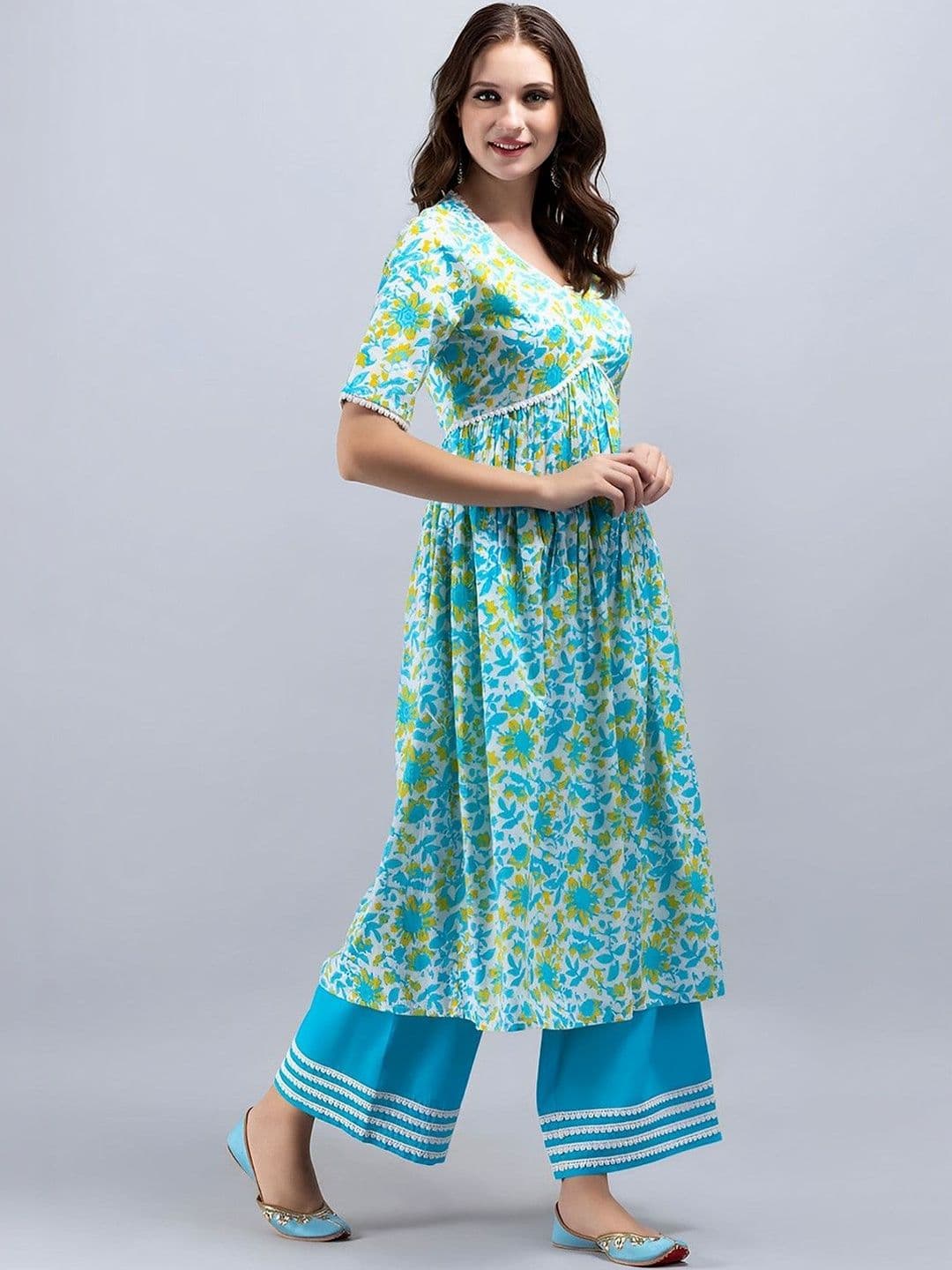 SAK JAIPUR Floral Printed Empire Pure Cotton Kurta with Palazzos thumbnail 2