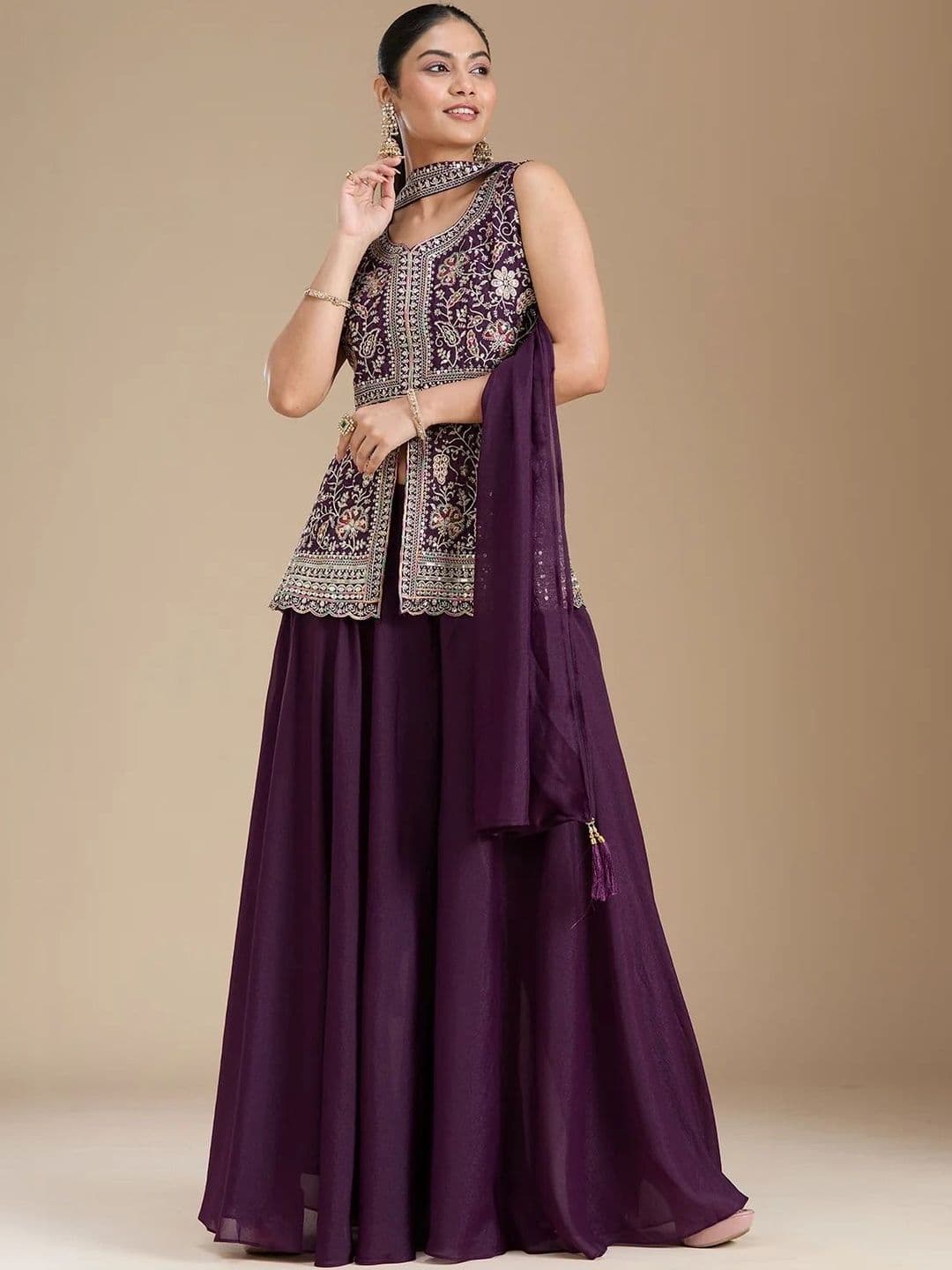 J.KANJI Women Ethnic Motifs Embroidered Tiered Thread Work Kurti with Palazzos & With Dupatta thumbnail 5
