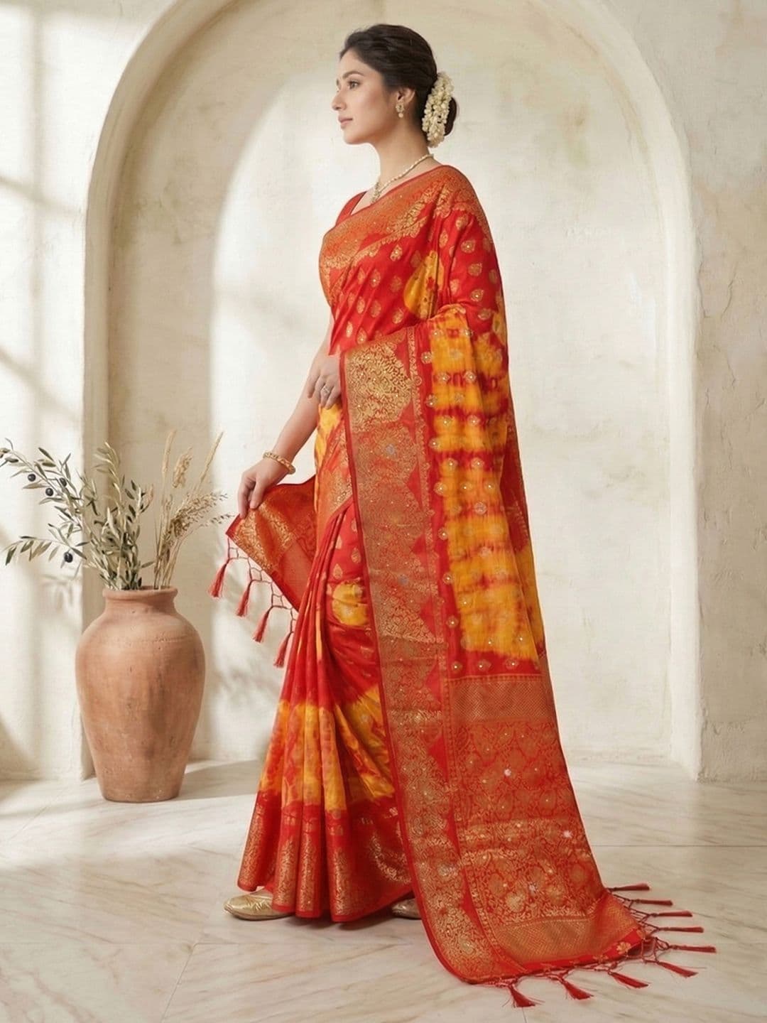 KALINI Bandhani Zari Silk Blend Leheriya Saree thumbnail 4
