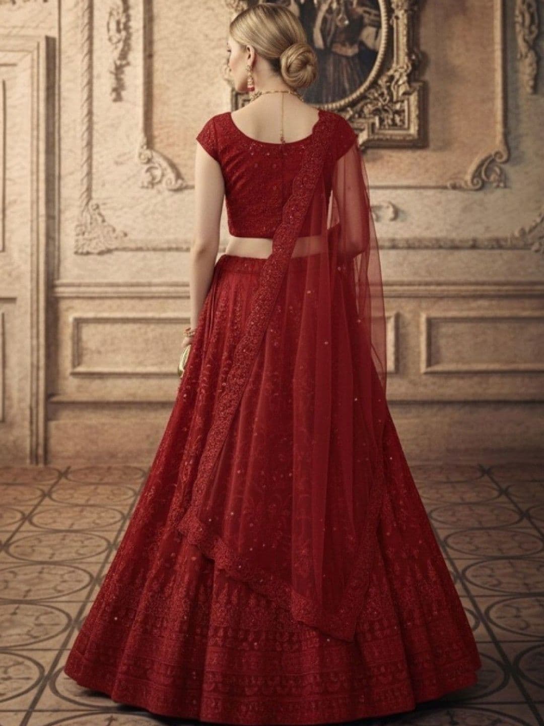 SUTRAAYA Women Ready to Wear Red Net Thread Embroidered Lehenga Cholit with Dupaata thumbnail 2