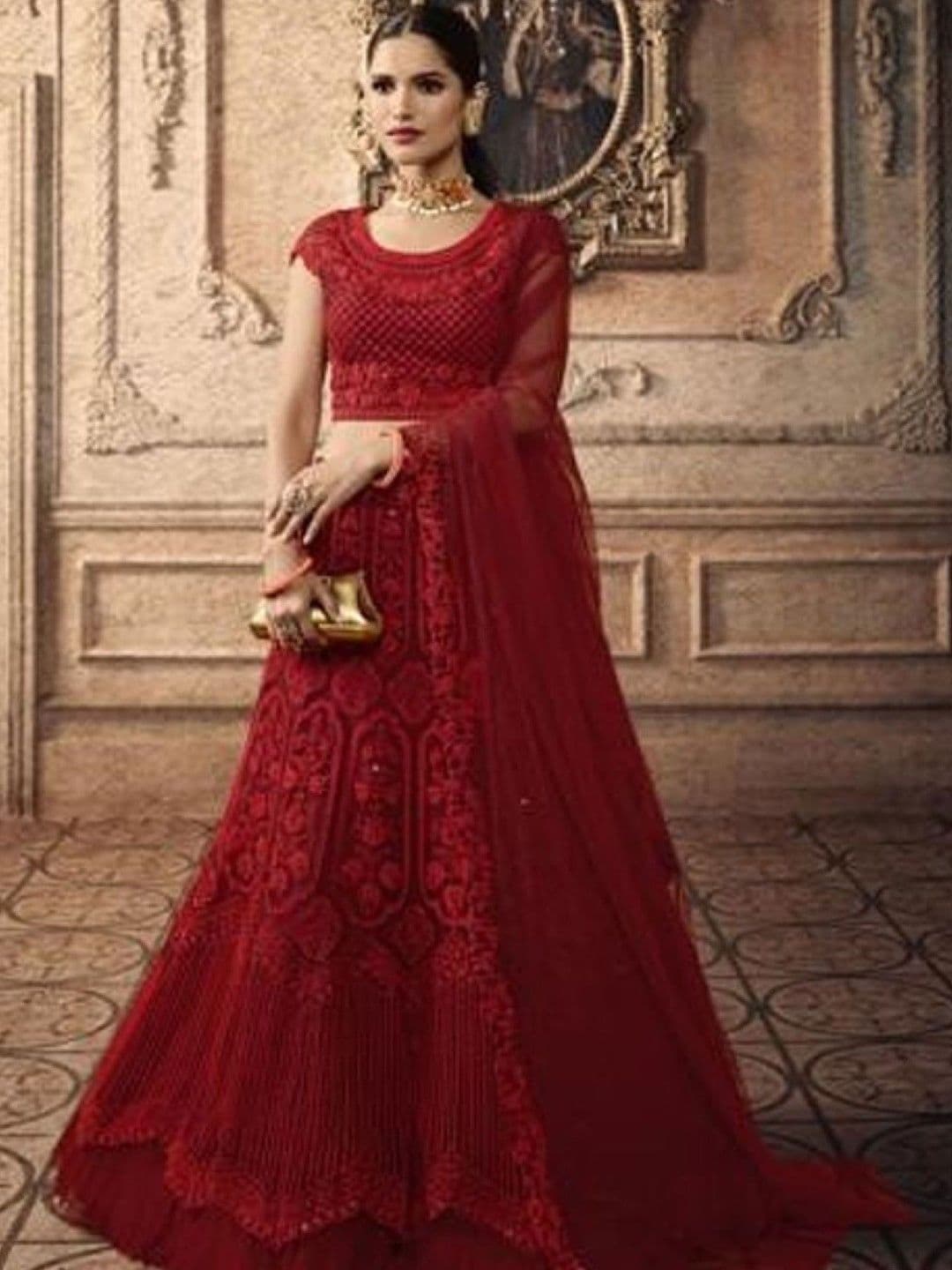 SUTRAAYA Women Ready to Wear Red Net Thread Embroidered Lehenga Cholit with Dupaata thumbnail 4