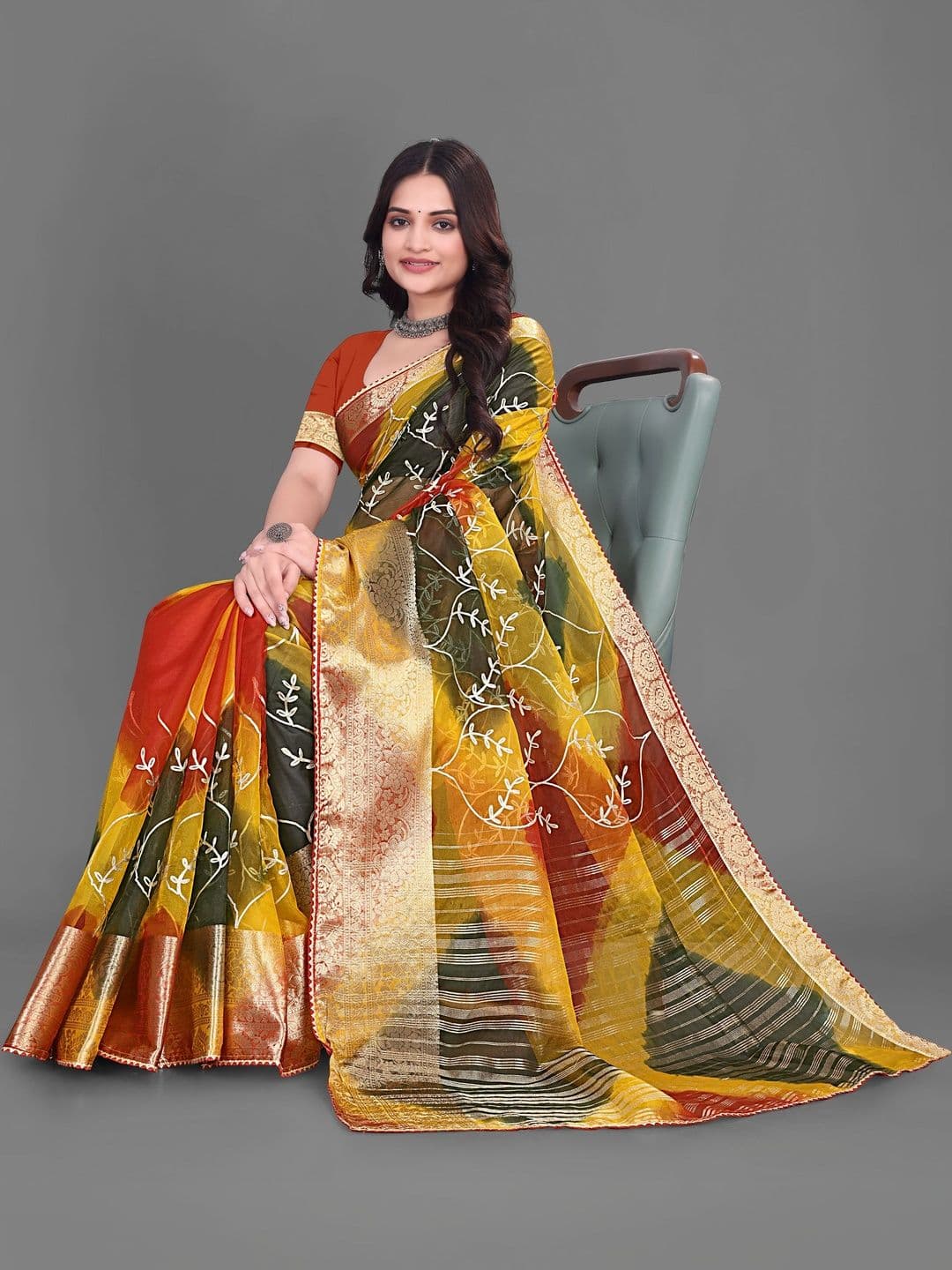 KOTHARI SBT Embellished Embroidered Organza Heavy Work Patola Saree - view 1