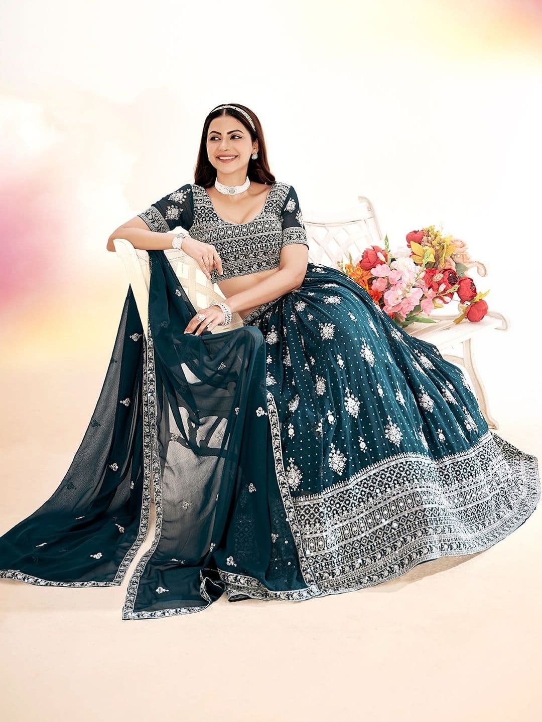 House of Pataudi Embroidered Flared Lehenga Choli  With Dupatta thumbnail 3