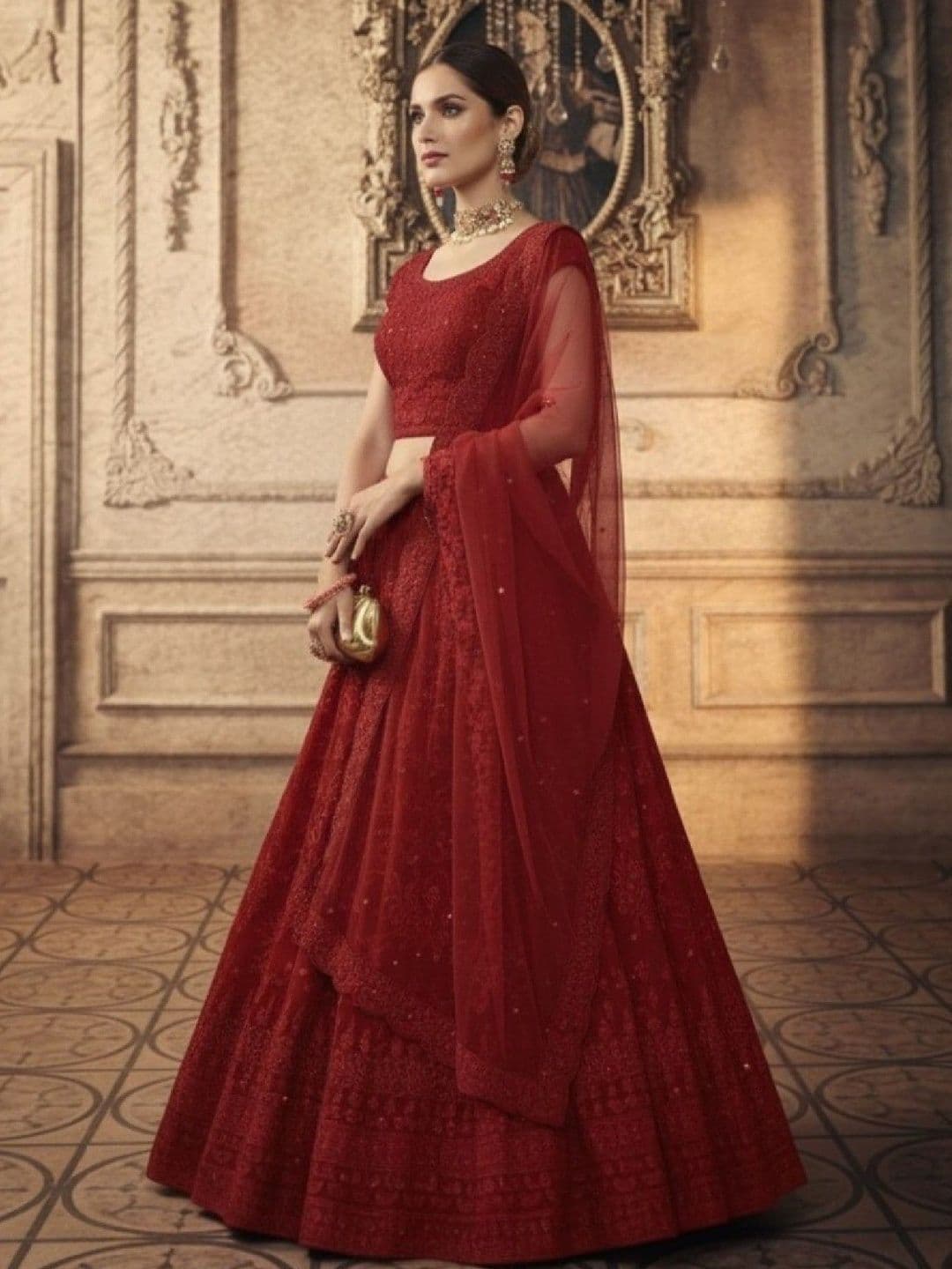SUTRAAYA Women Ready to Wear Red Net Thread Embroidered Lehenga Cholit with Dupaata - view 1