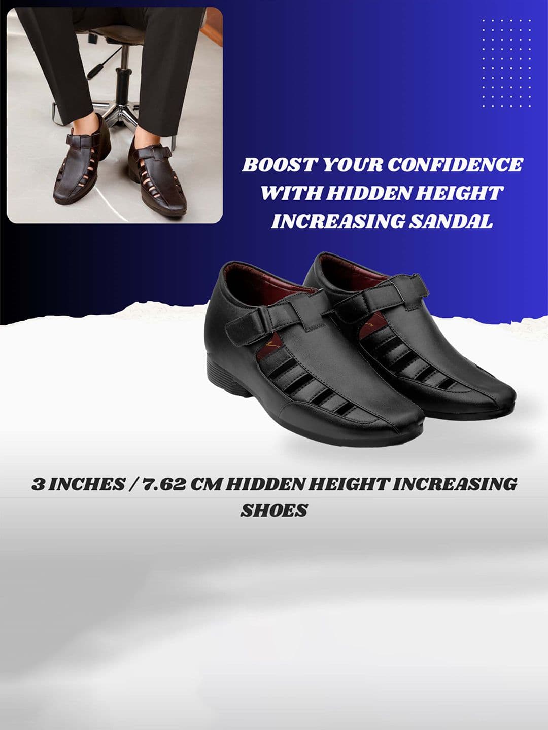 Bxxy Men Black Solid Invisible Height Increasing 3 Inch Semi-Formal Sandals thumbnail 2