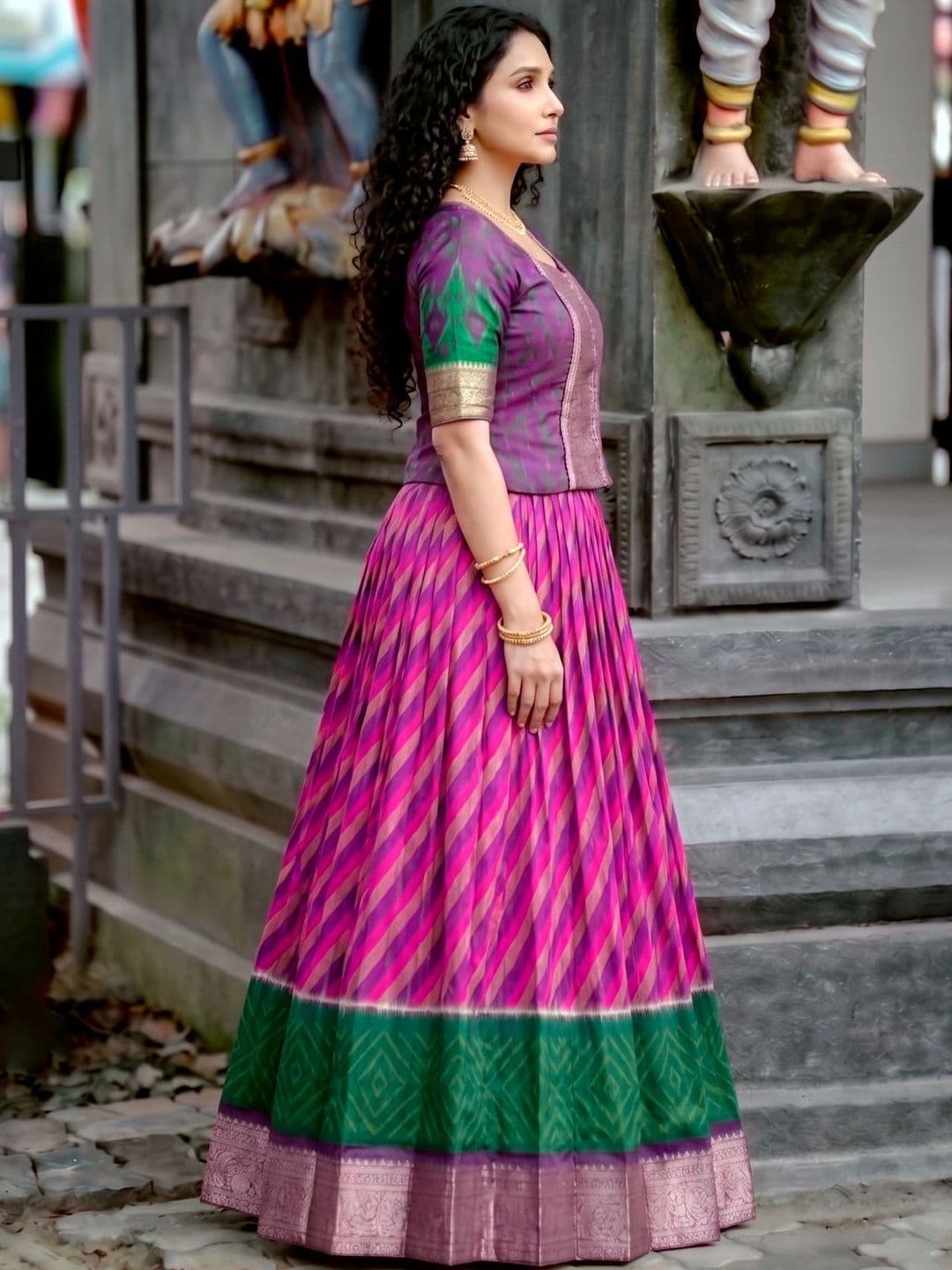 LOOKNBOOK ART Tasar Silk Leheriya Print Lehenga Choli with Rich Zari Weaving Work thumbnail 5