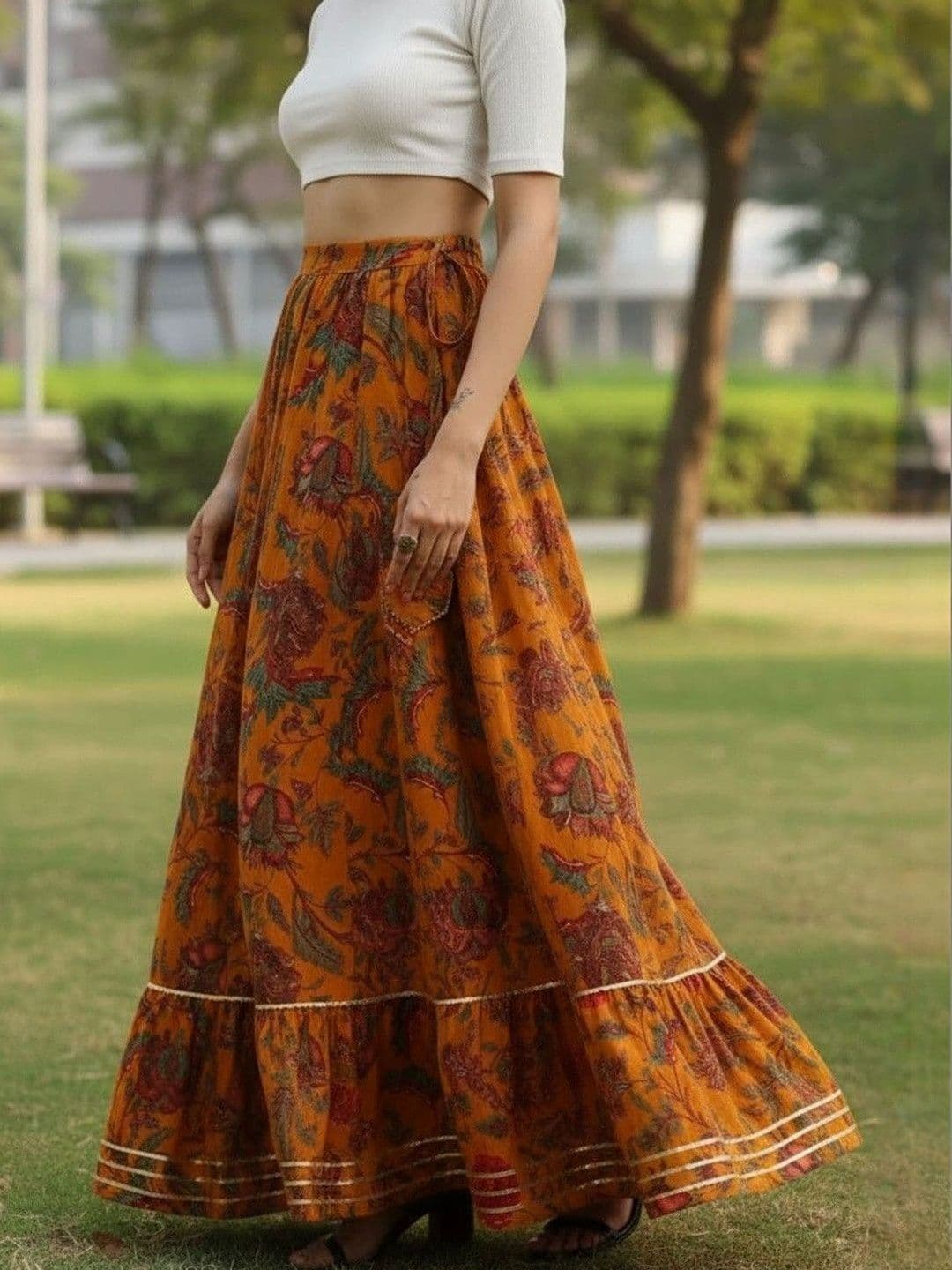 Sangria Women Cotton Cambric Floral Maxi Flared Skirt - view 1