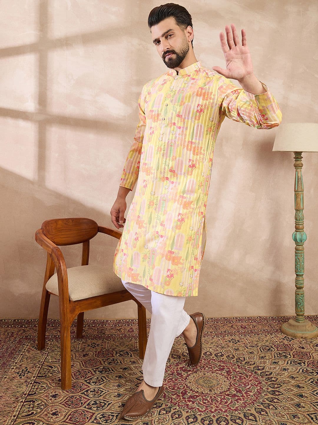 House of Pataudi Printed Mandarin Collar Knee Length Straight Kurta thumbnail 6