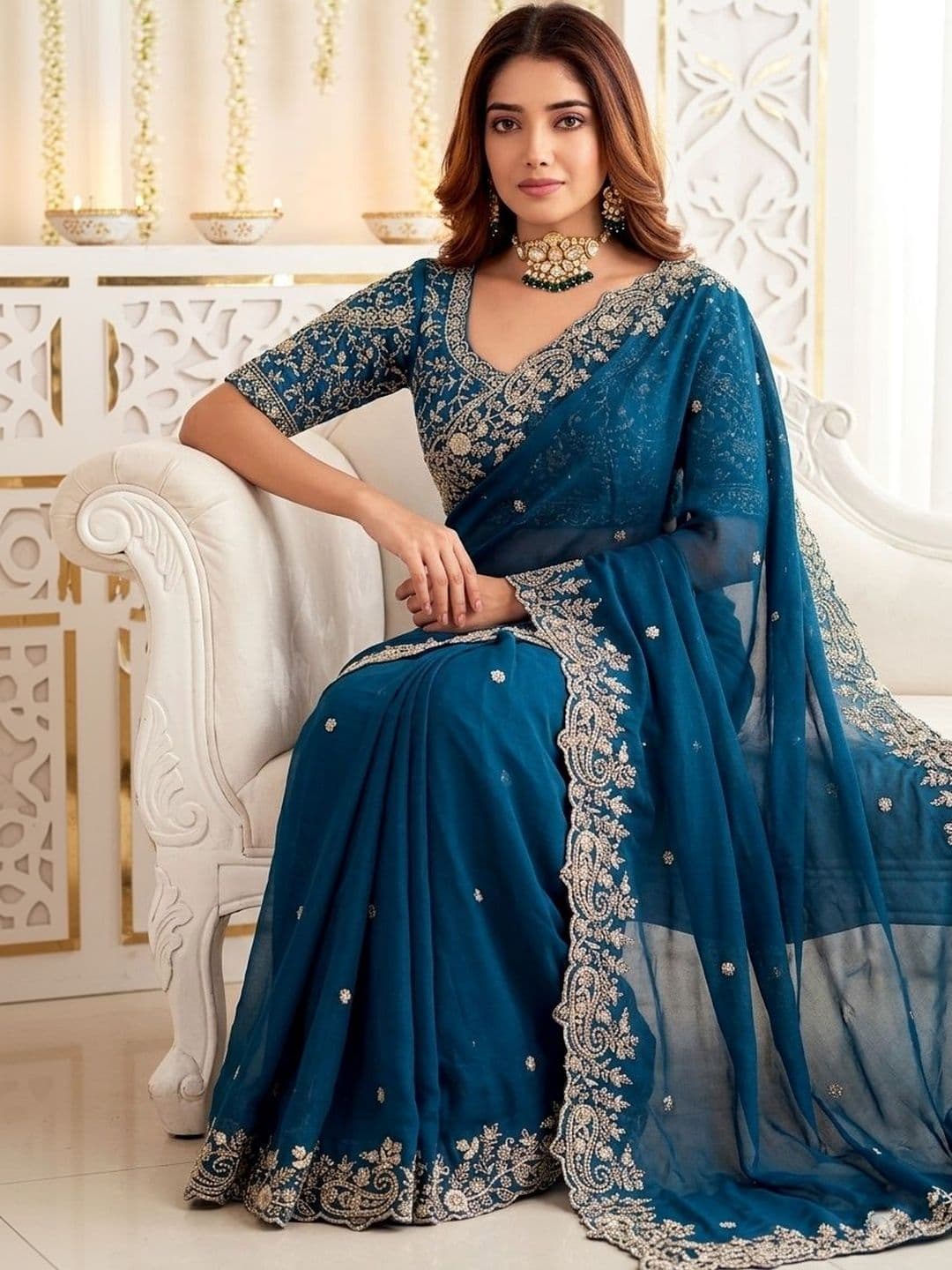 Mitera Embellished Embroidered Poly Georgette Heavy Work Saree thumbnail 2