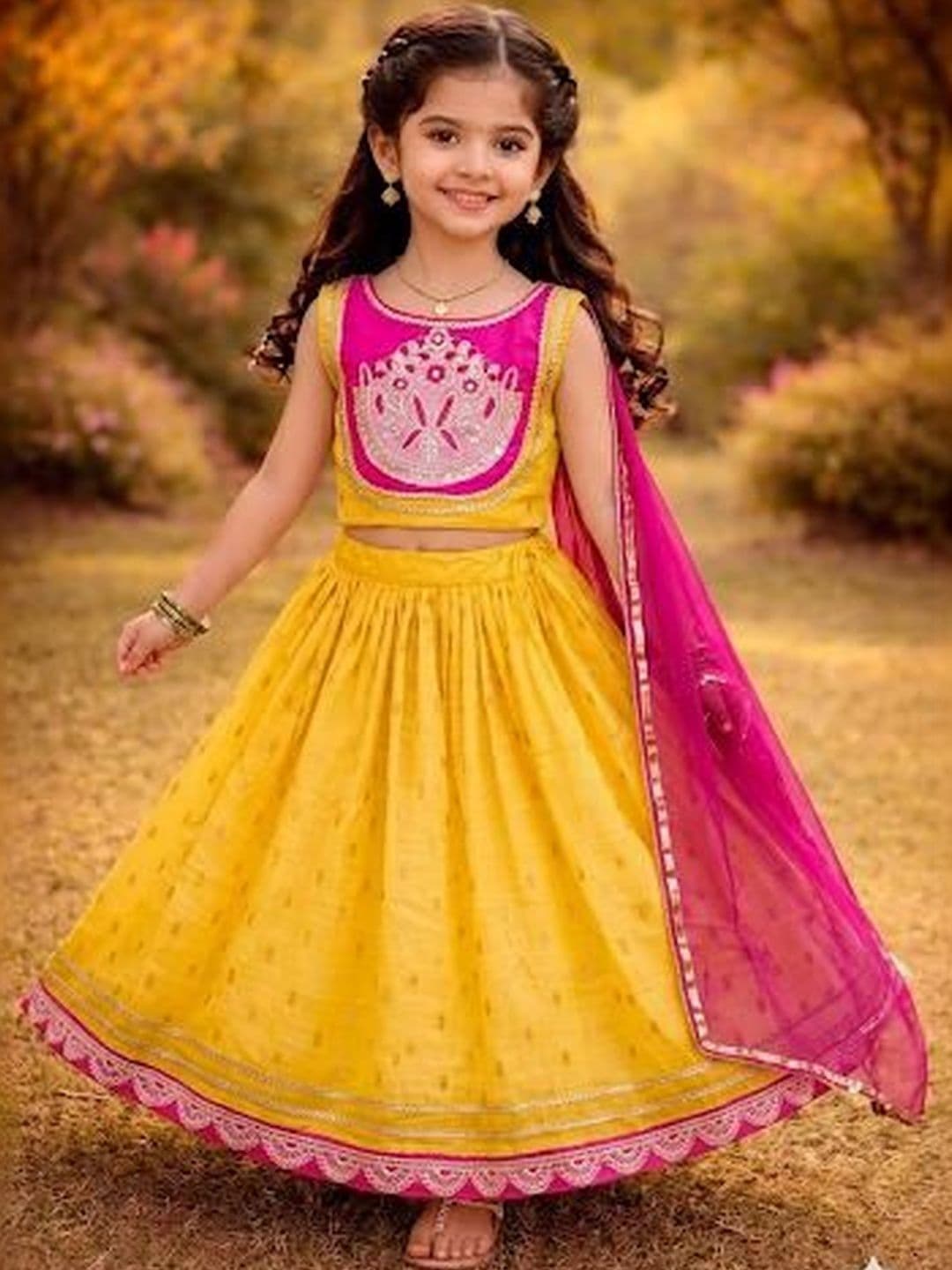 RJ ONLINE Girls Thread Work Tie and Dye Semi-Stitched Lehenga & Blouse With Dupatta - view 1
